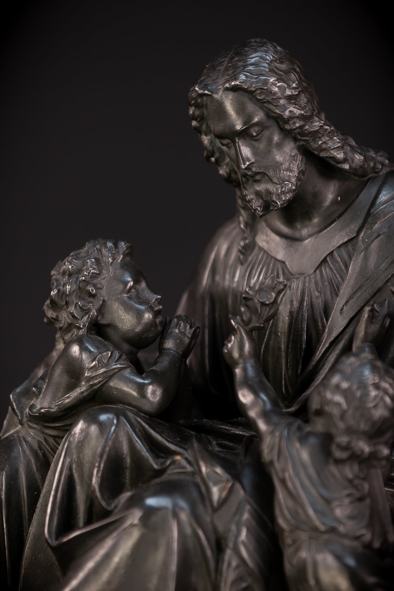 Jesus with Children Bronzed Metal Sculpture | early 1900s Antique | 13.4" / 34 cm