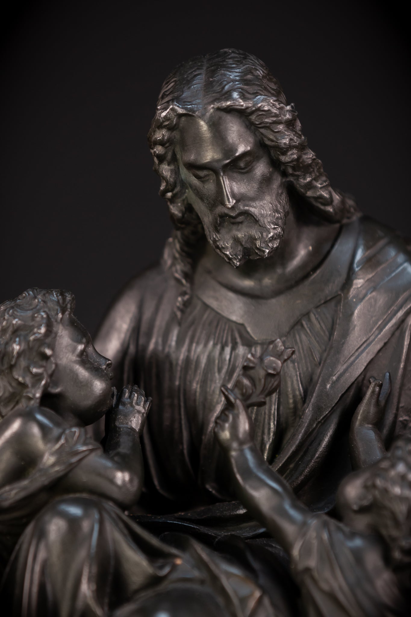 Jesus with Children Bronzed Metal Sculpture | early 1900s Antique | 13.4" / 34 cm