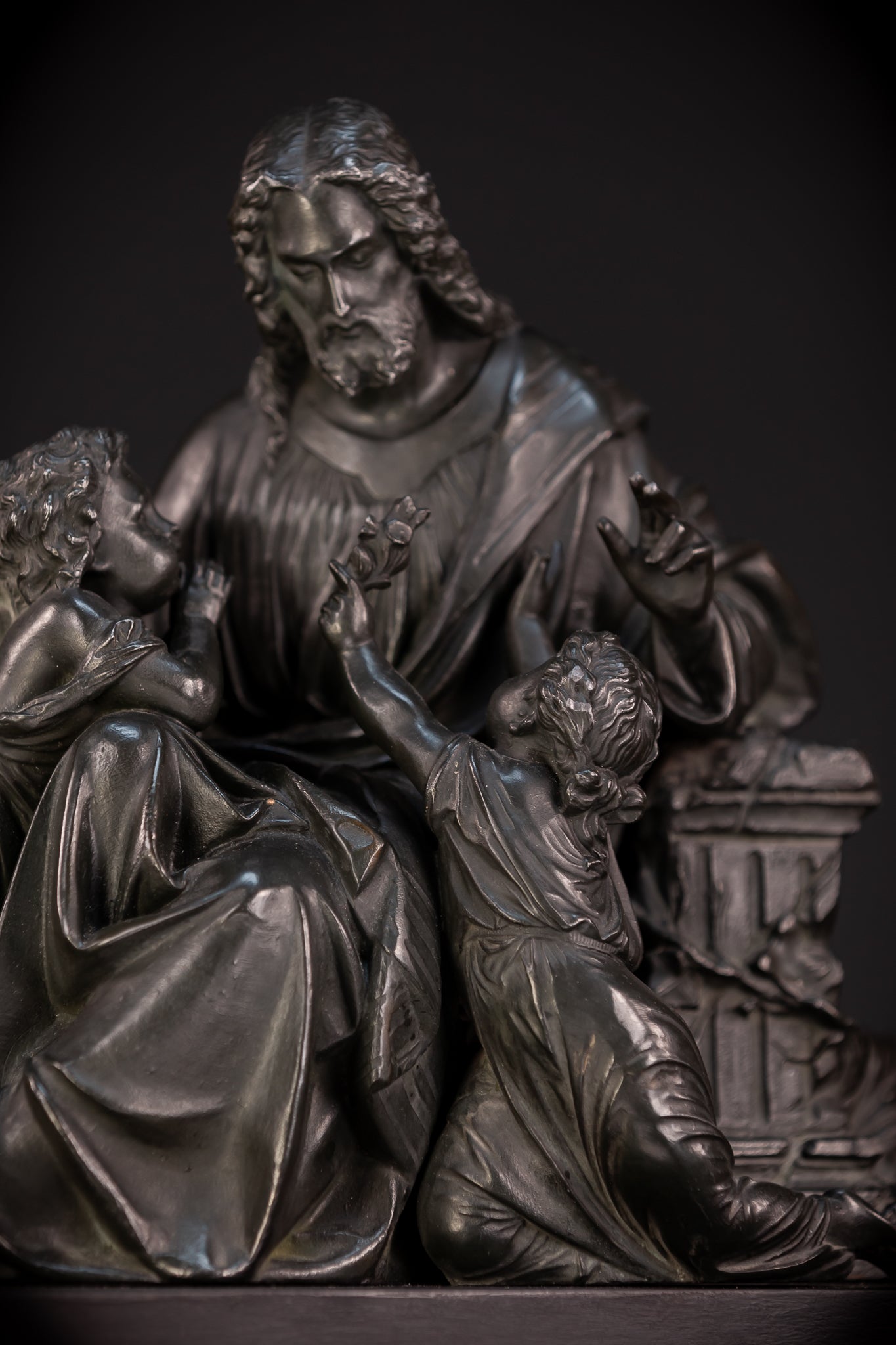 Jesus with Children Bronzed Metal Sculpture | early 1900s Antique | 13.4" / 34 cm