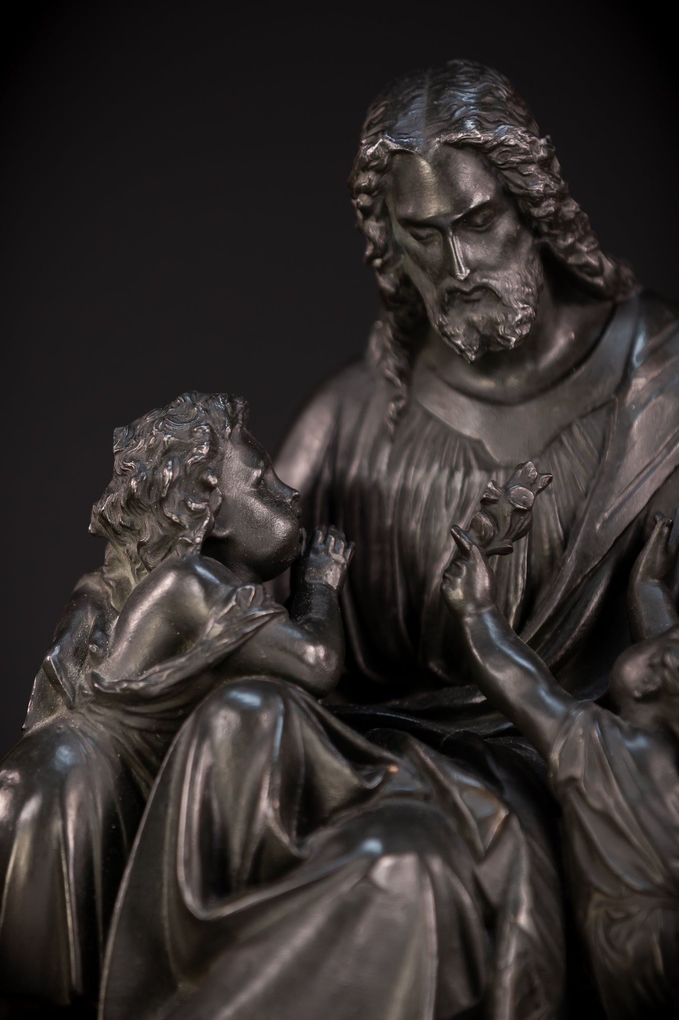 Jesus with Children Bronzed Metal Sculpture | early 1900s Antique | 13.4" / 34 cm