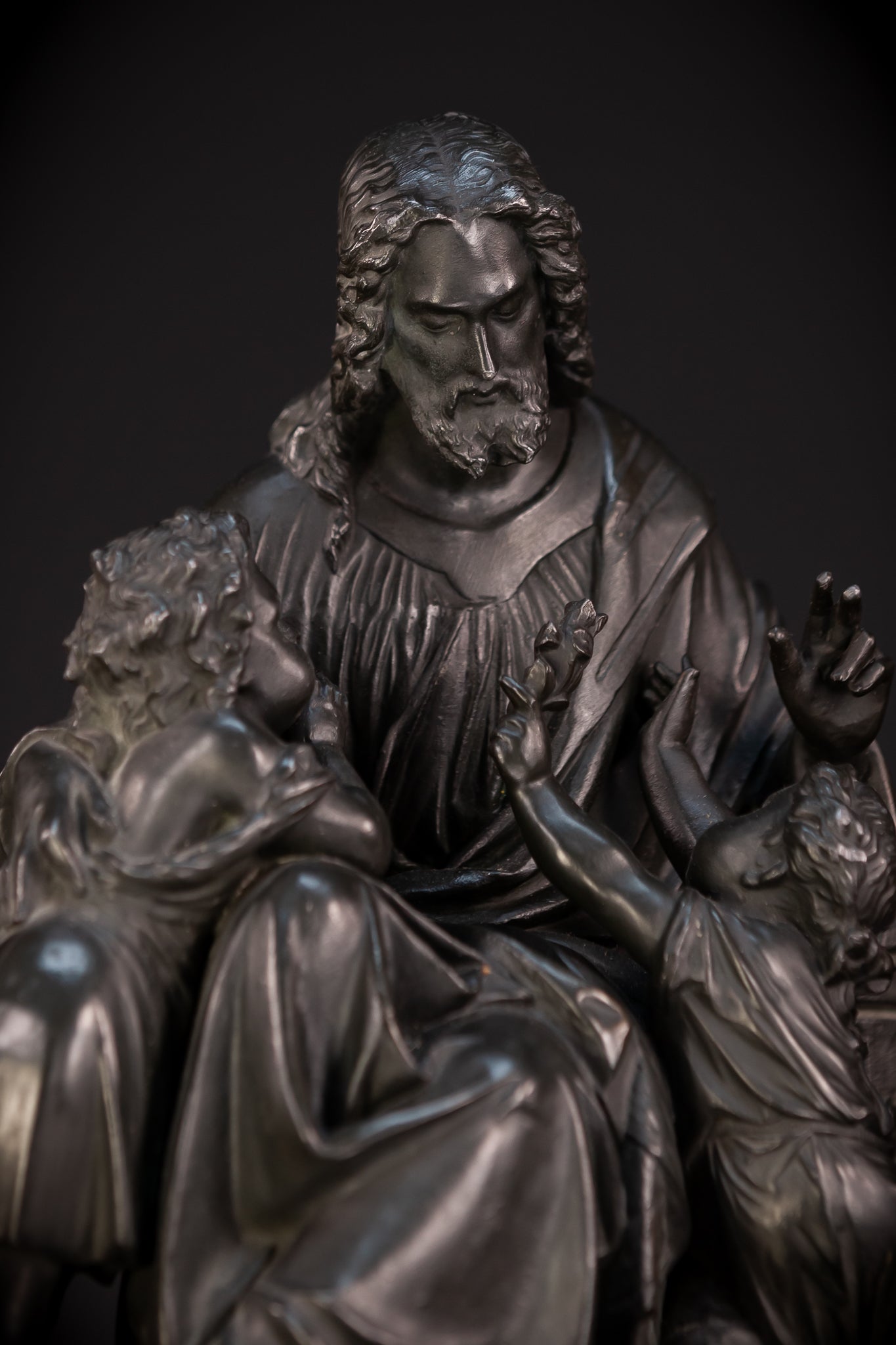 Jesus with Children Bronzed Metal Sculpture | early 1900s Antique | 13.4" / 34 cm