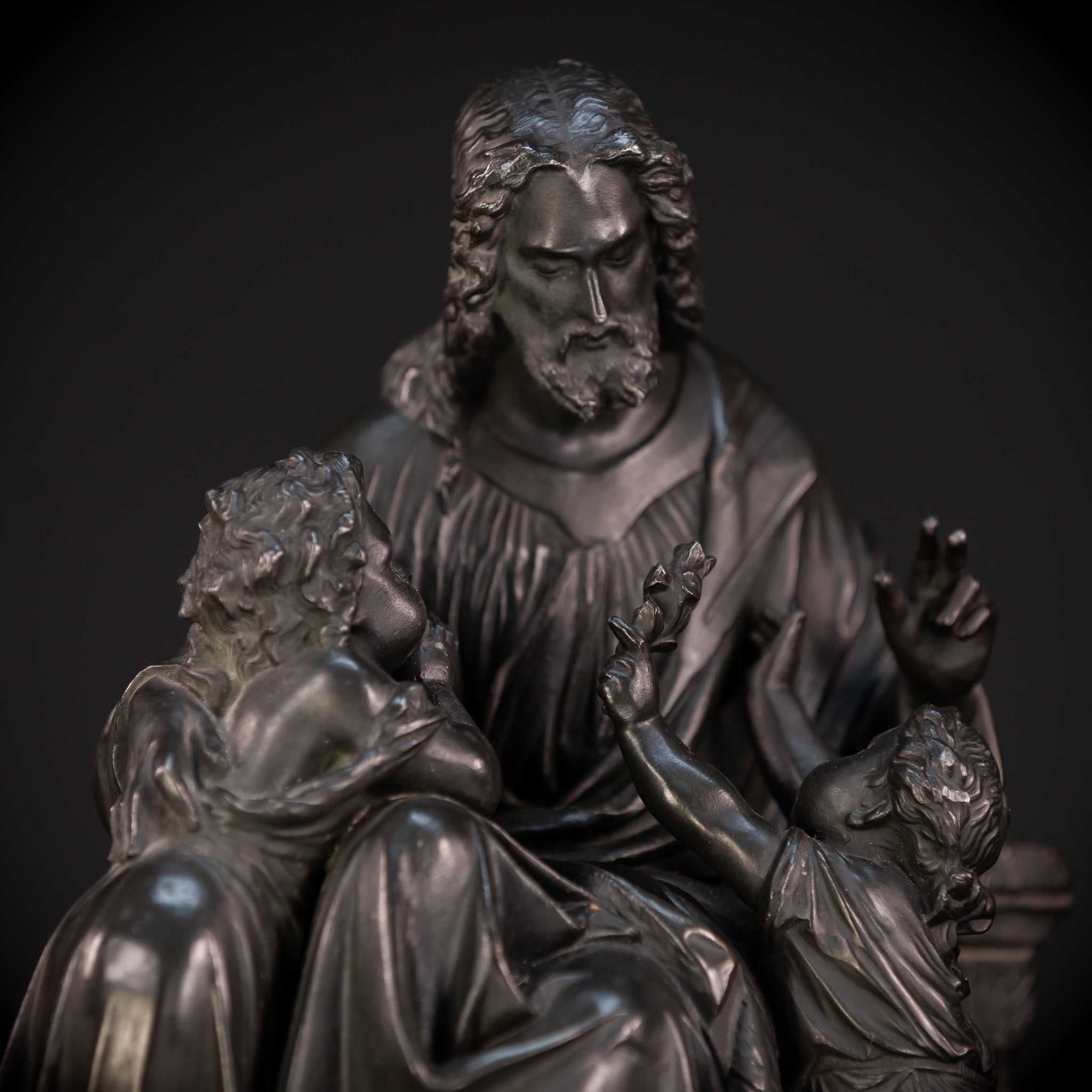 Jesus with Children Bronzed Metal Sculpture | early 1900s Antique | 13.4" / 34 cm