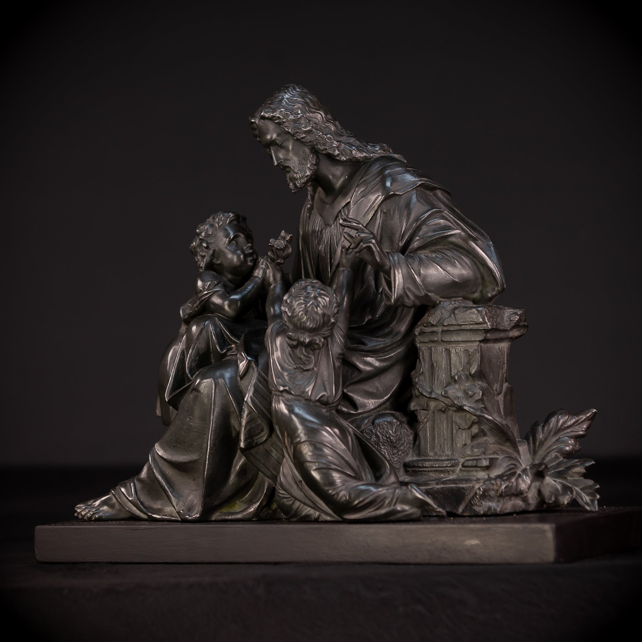 Jesus with Children Bronzed Metal Sculpture | early 1900s Antique | 13.4" / 34 cm