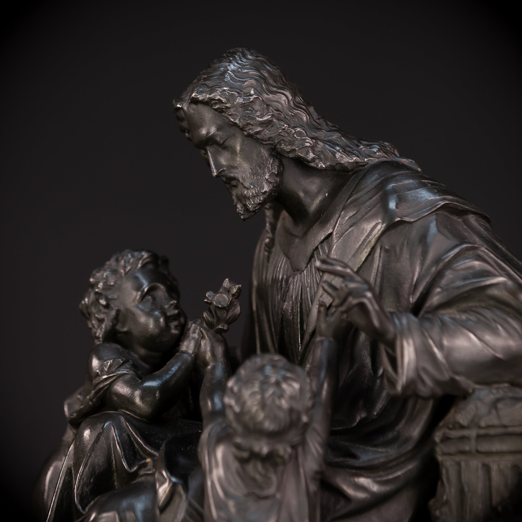 Jesus with Children Bronzed Metal Sculpture | early 1900s Antique | 13.4" / 34 cm