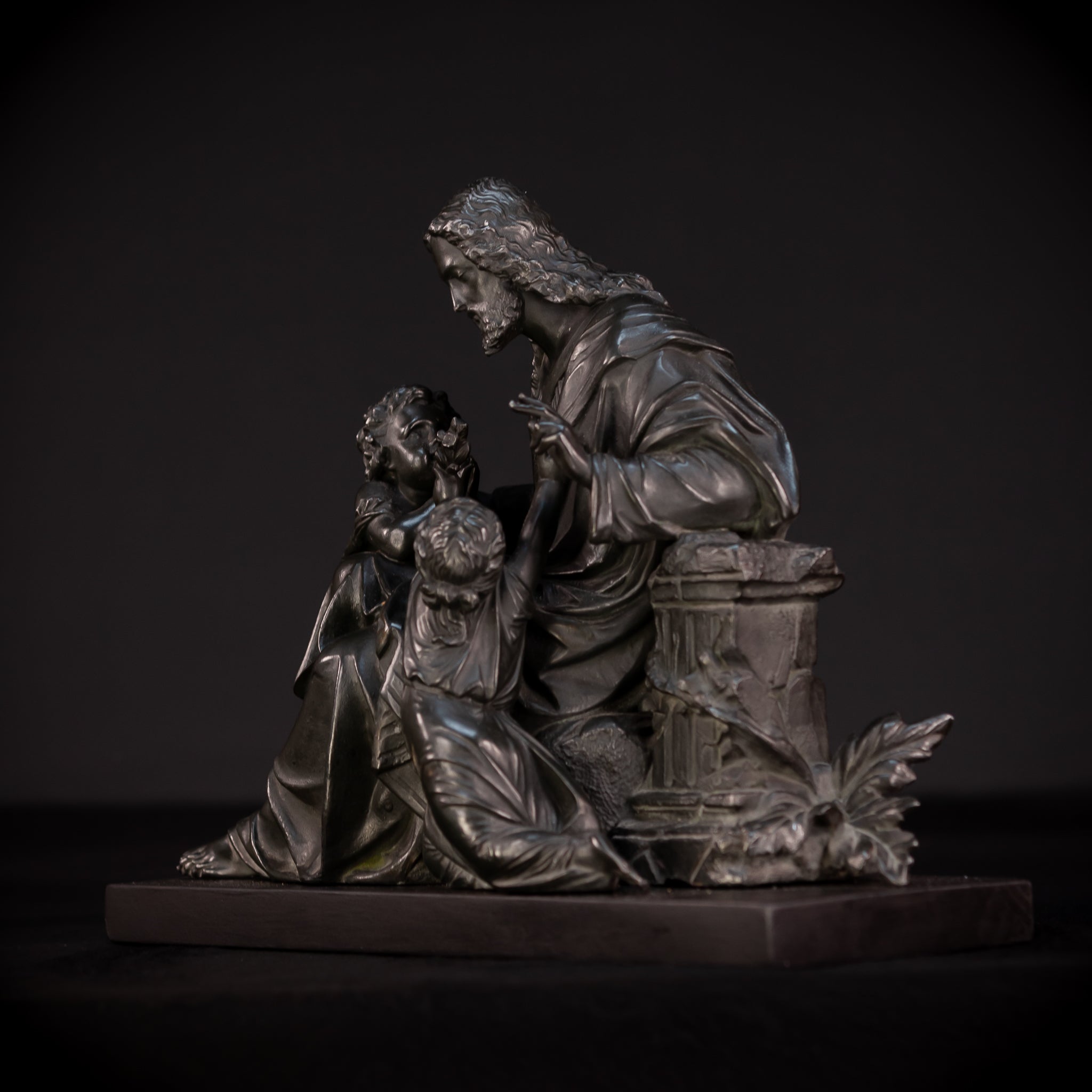 Jesus with Children Bronzed Metal Sculpture | early 1900s Antique | 13.4" / 34 cm