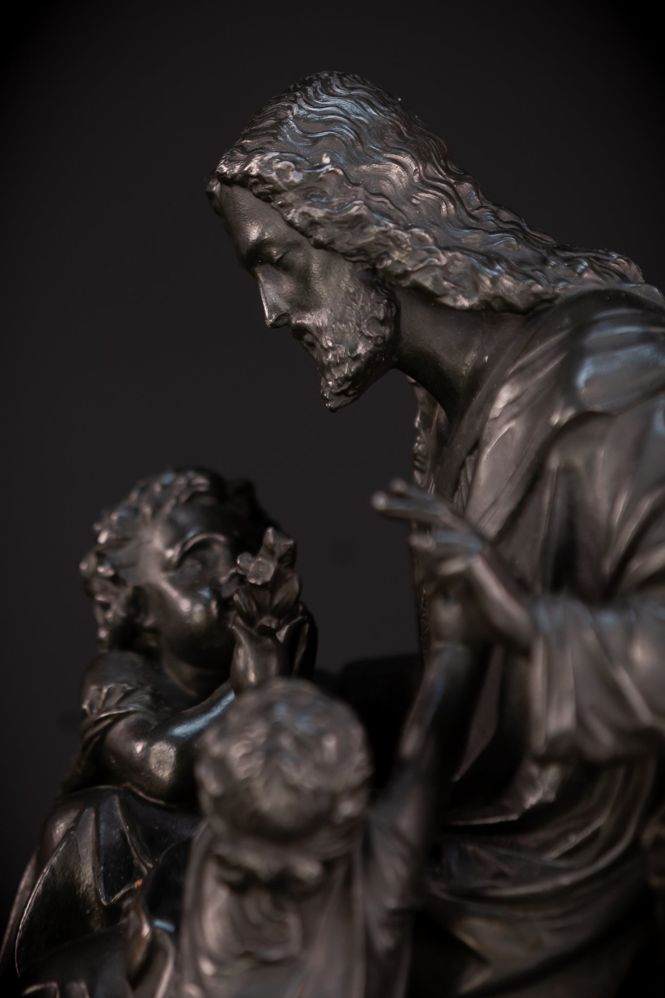 Jesus with Children Bronzed Metal Sculpture | early 1900s Antique | 13.4" / 34 cm