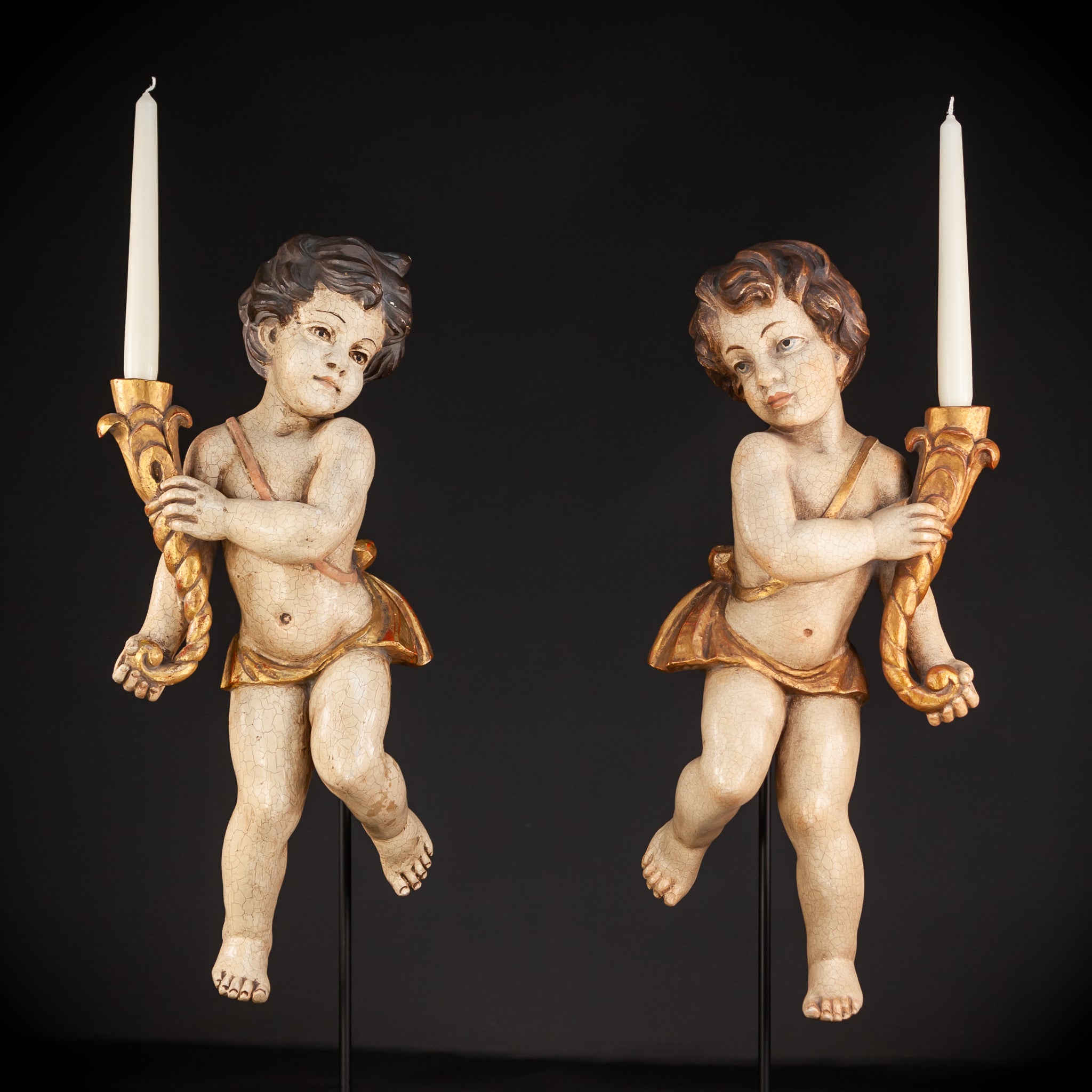 Angel Candle Bearing Wooden Sculpture | mid 1900s Vintage | 20.3" / 51.5 cm