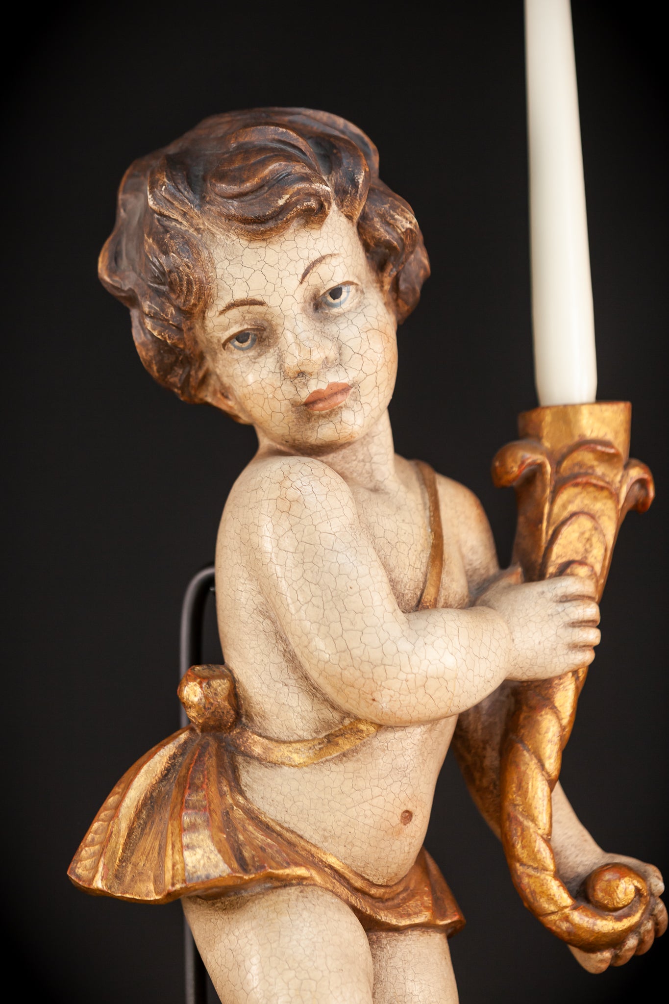 Angel Candle Bearing Wooden Sculpture | mid 1900s Vintage | 20.3" / 51.5 cm