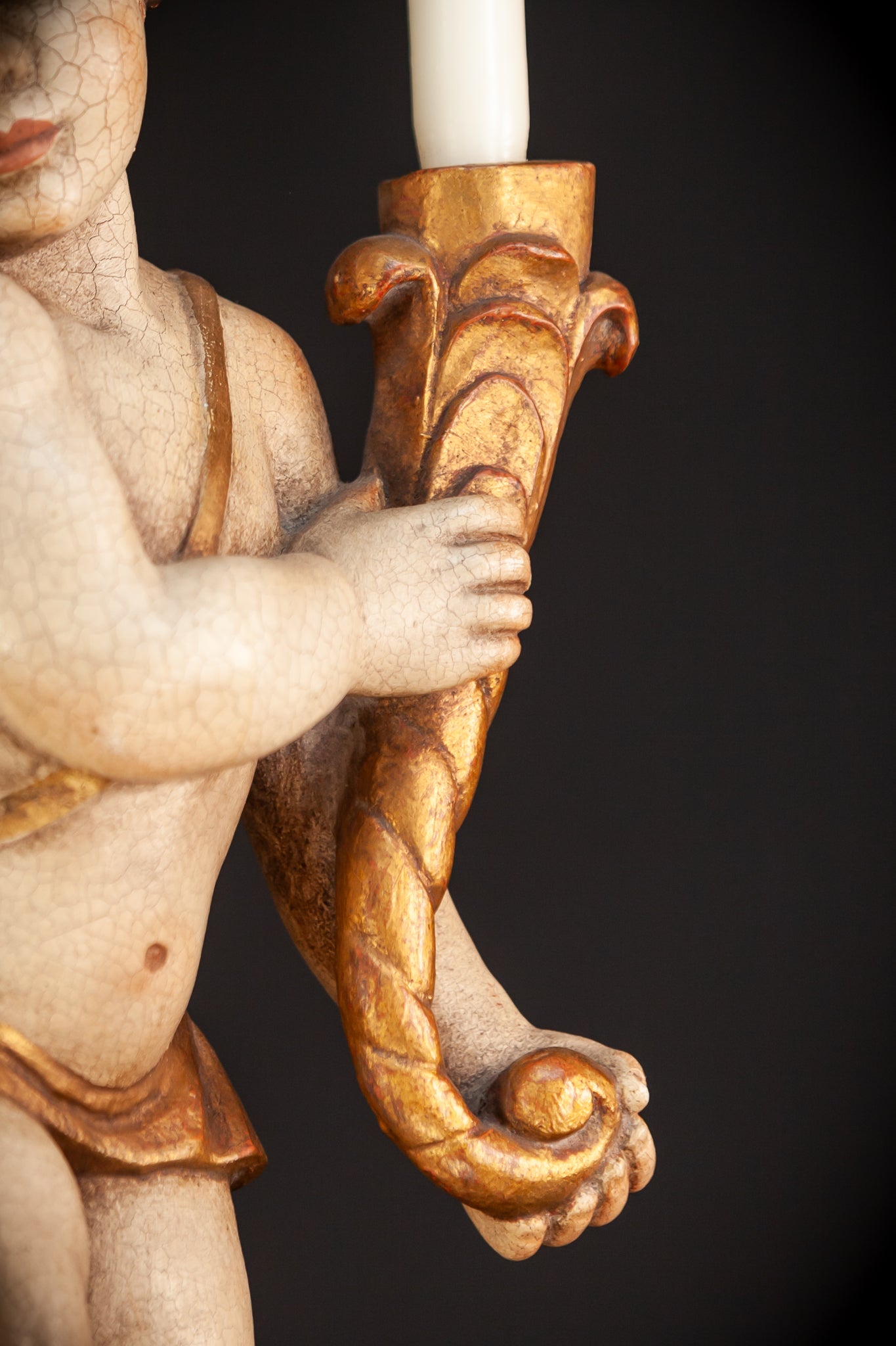 Angel Candle Bearing Wooden Sculpture | mid 1900s Vintage | 20.3" / 51.5 cm