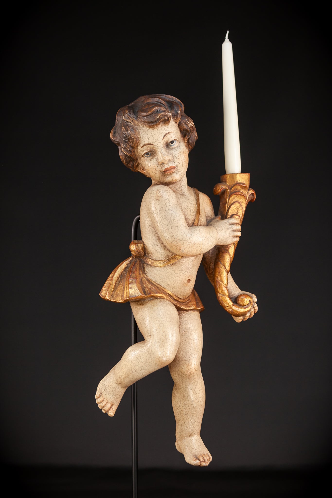 Angel Candle Bearing Wooden Sculpture | mid 1900s Vintage | 20.3" / 51.5 cm