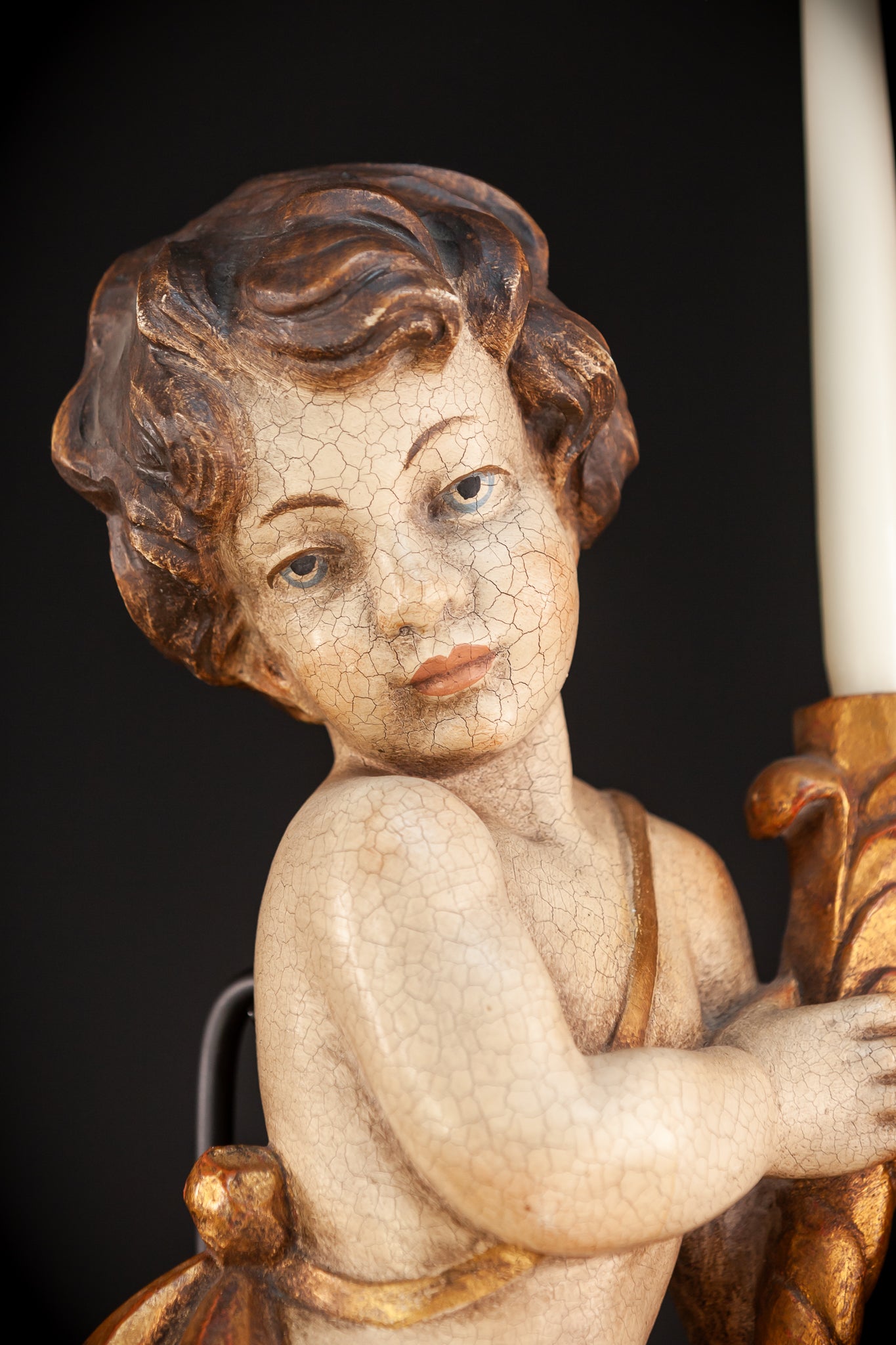 Angel Candle Bearing Wooden Sculpture | mid 1900s Vintage | 20.3" / 51.5 cm