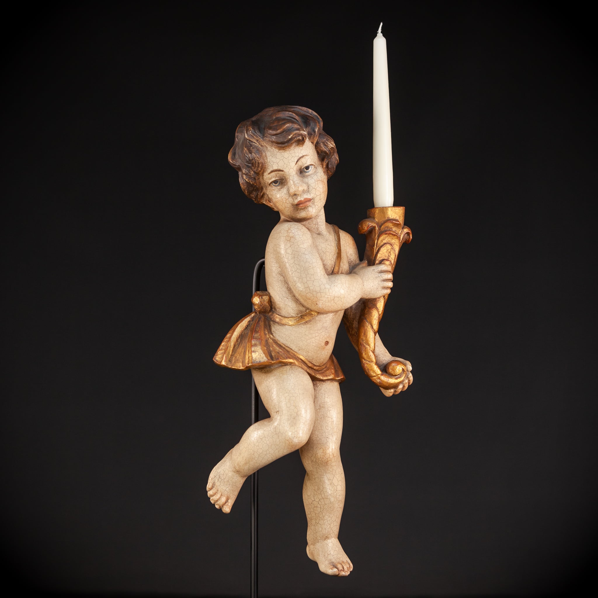 Angel Candle Bearing Wooden Sculpture | mid 1900s Vintage | 20.3" / 51.5 cm