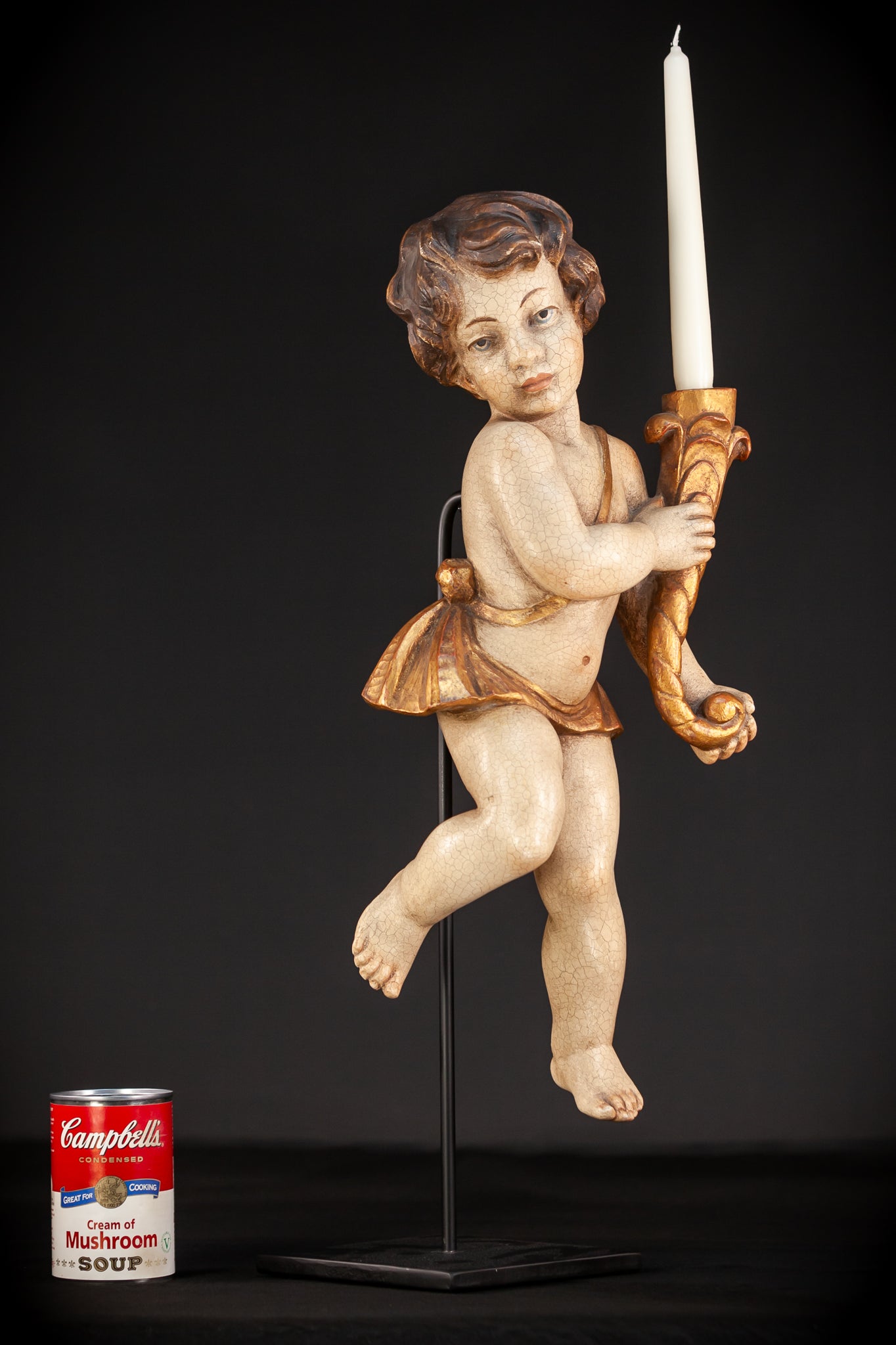 Angel Candle Bearing Wooden Sculpture | mid 1900s Vintage | 20.3" / 51.5 cm