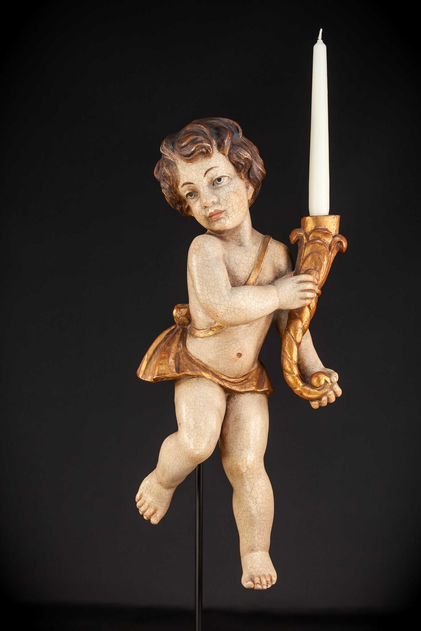 Angel Candle Bearing Wooden Sculpture | mid 1900s Vintage | 20.3" / 51.5 cm