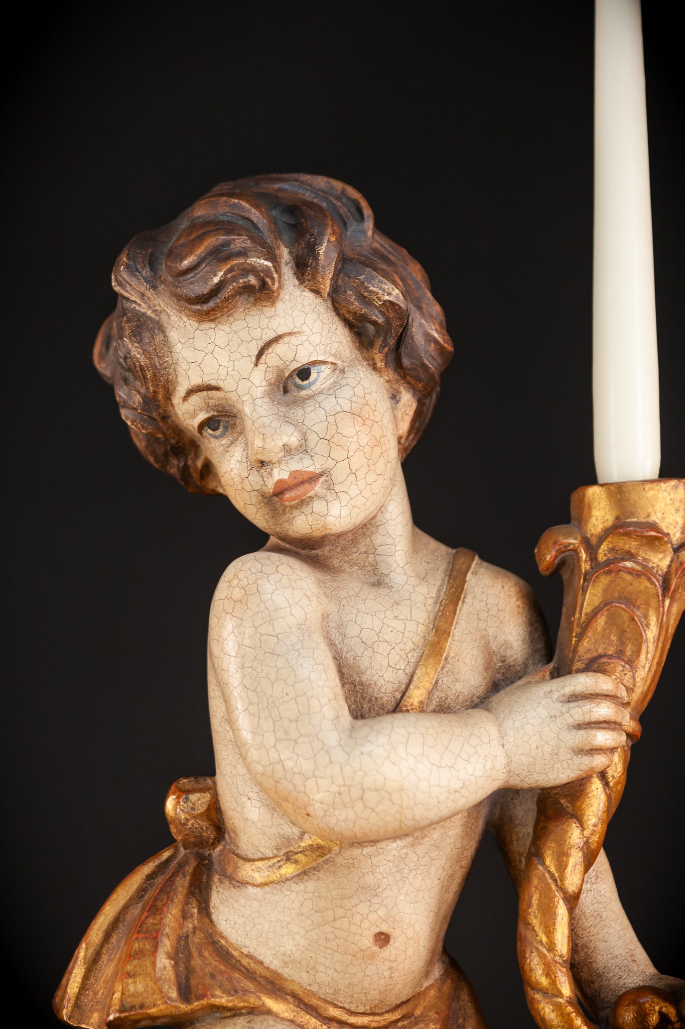 Angel Candle Bearing Wooden Sculpture | mid 1900s Vintage | 20.3" / 51.5 cm