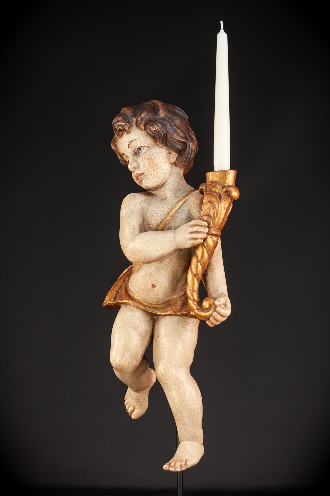 Angel Candle Bearing Wooden Sculpture | mid 1900s Vintage | 20.3" / 51.5 cm