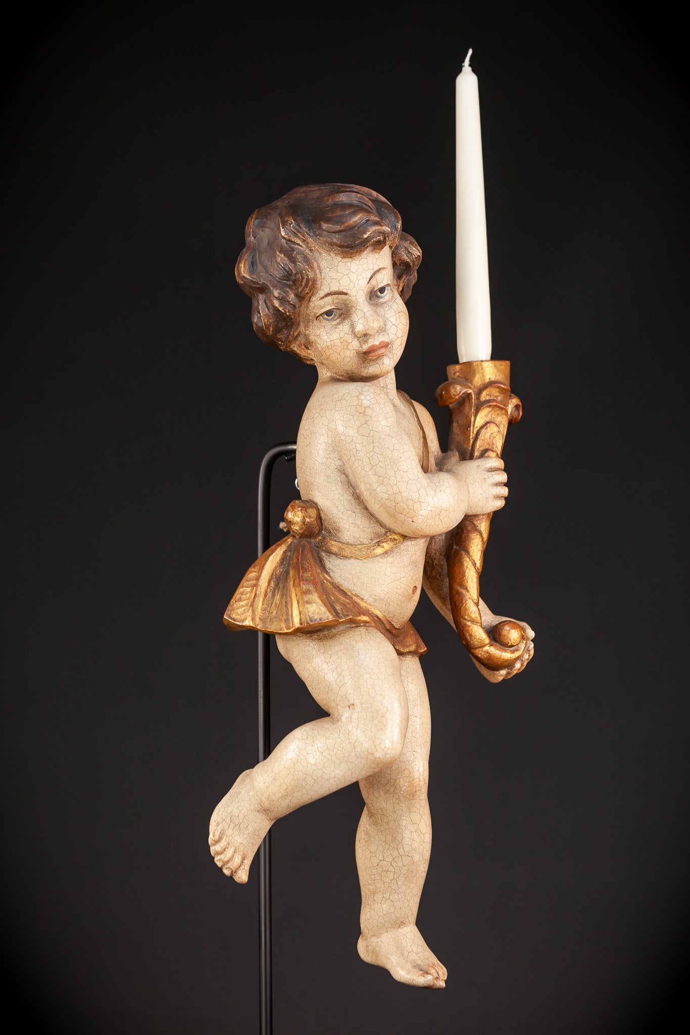 Angel Candle Bearing Wooden Sculpture | mid 1900s Vintage | 20.3" / 51.5 cm