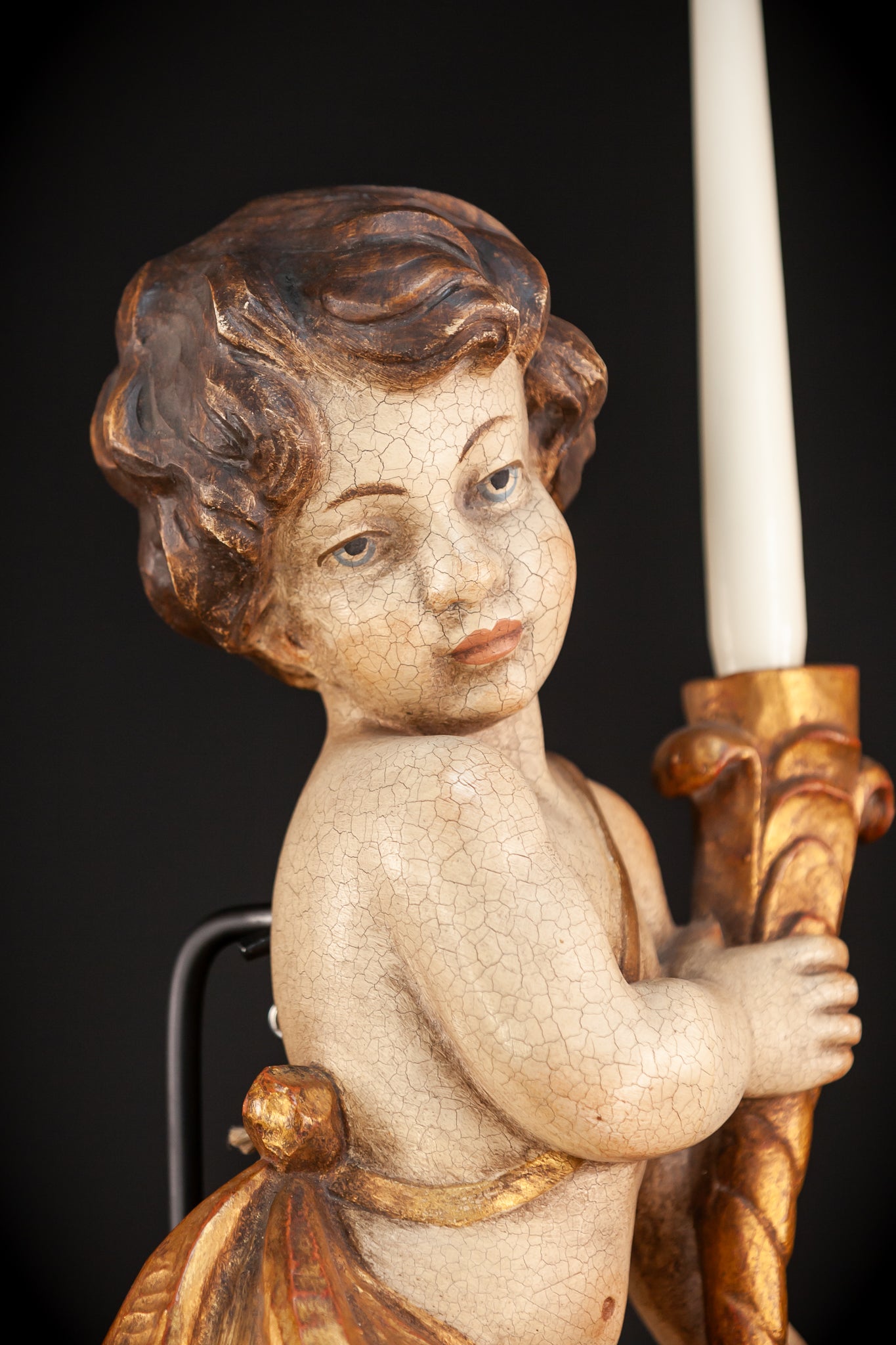 Angel Candle Bearing Wooden Sculpture | mid 1900s Vintage | 20.3" / 51.5 cm