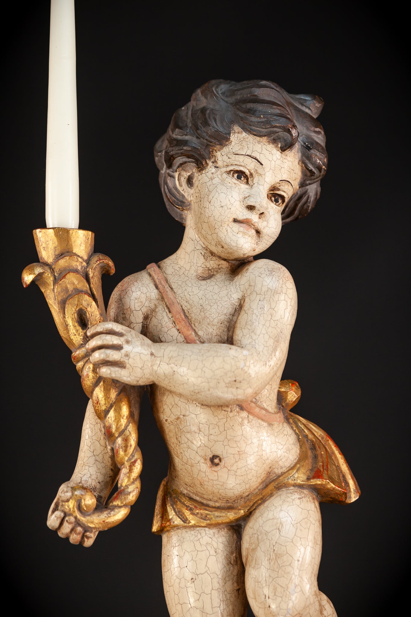 Angel Candle Bearing Wooden Sculpture | mid 1900s Vintage | 19.9" / 50.5 cm