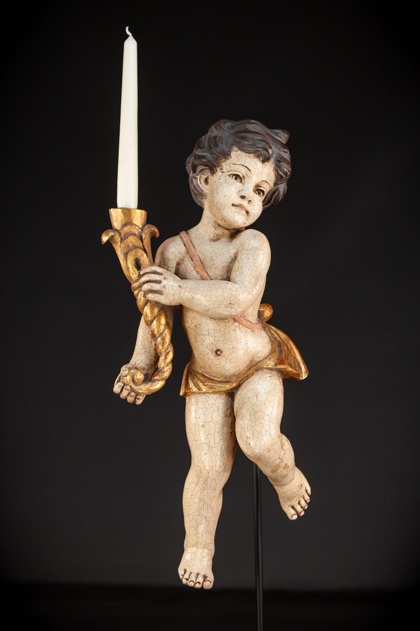 Angel Candle Bearing Wooden Sculpture | mid 1900s Vintage | 19.9" / 50.5 cm