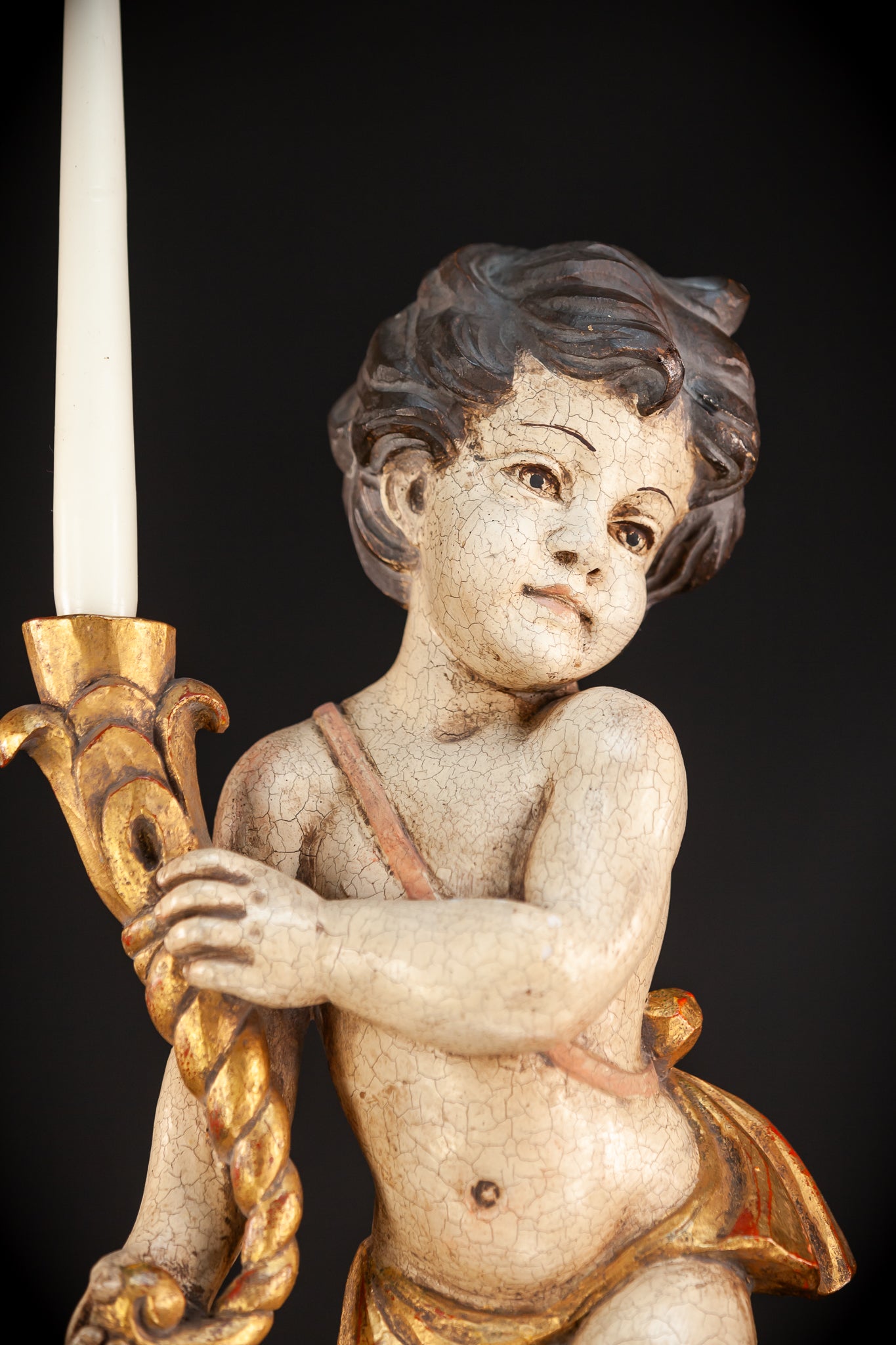 Angel Candle Bearing Wooden Sculpture | mid 1900s Vintage | 19.9" / 50.5 cm