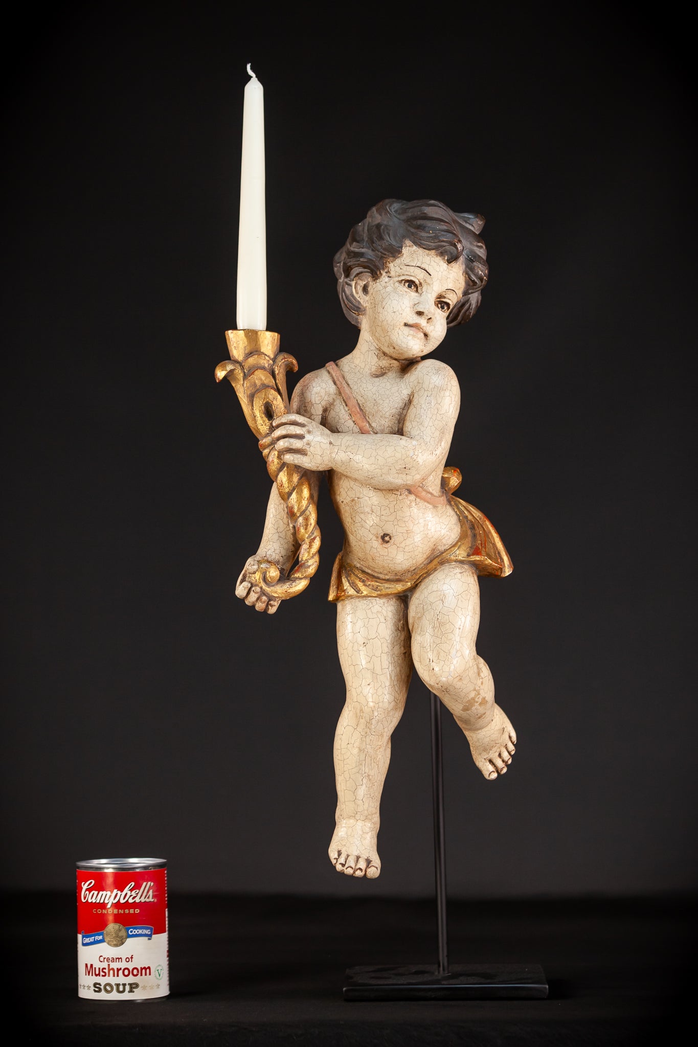 Angel Candle Bearing Wooden Sculpture | mid 1900s Vintage | 19.9" / 50.5 cm