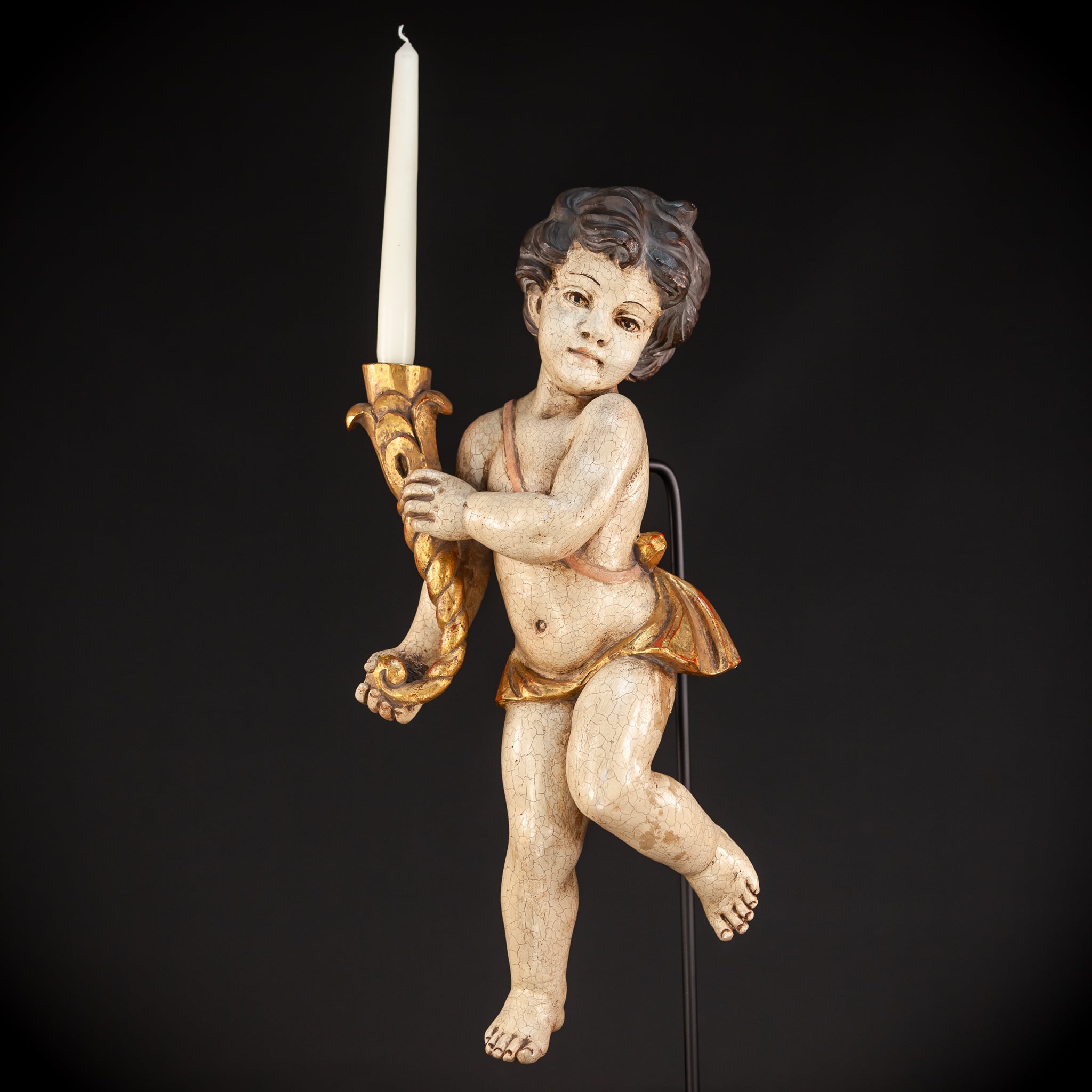 Angel Candle Bearing Wooden Sculpture | mid 1900s Vintage | 19.9" / 50.5 cm