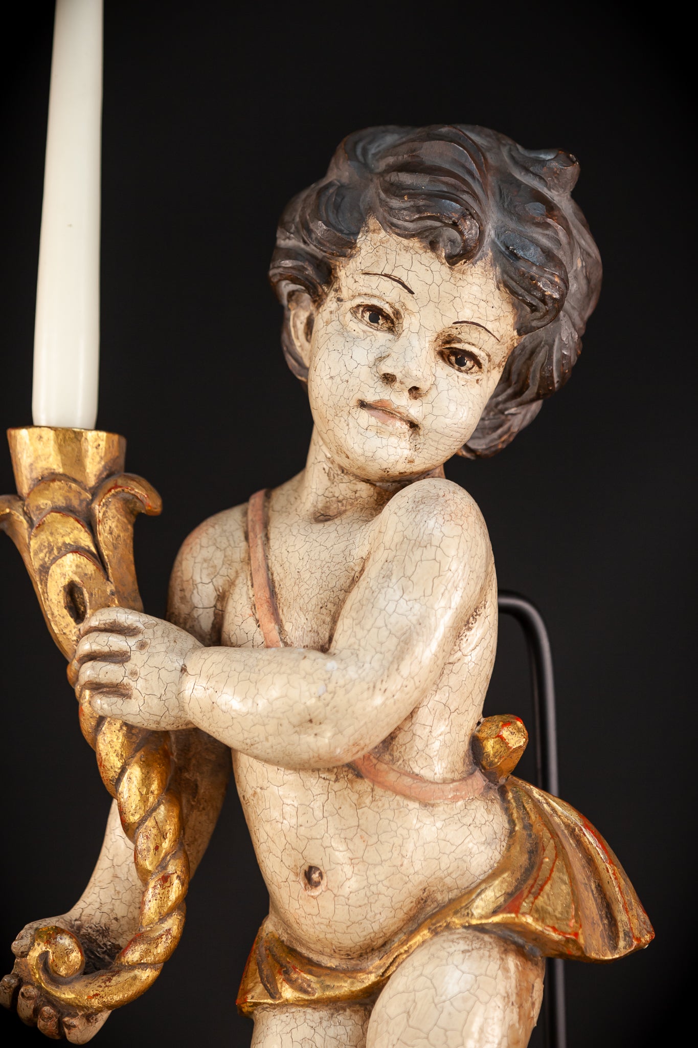 Angel Candle Bearing Wooden Sculpture | mid 1900s Vintage | 19.9" / 50.5 cm