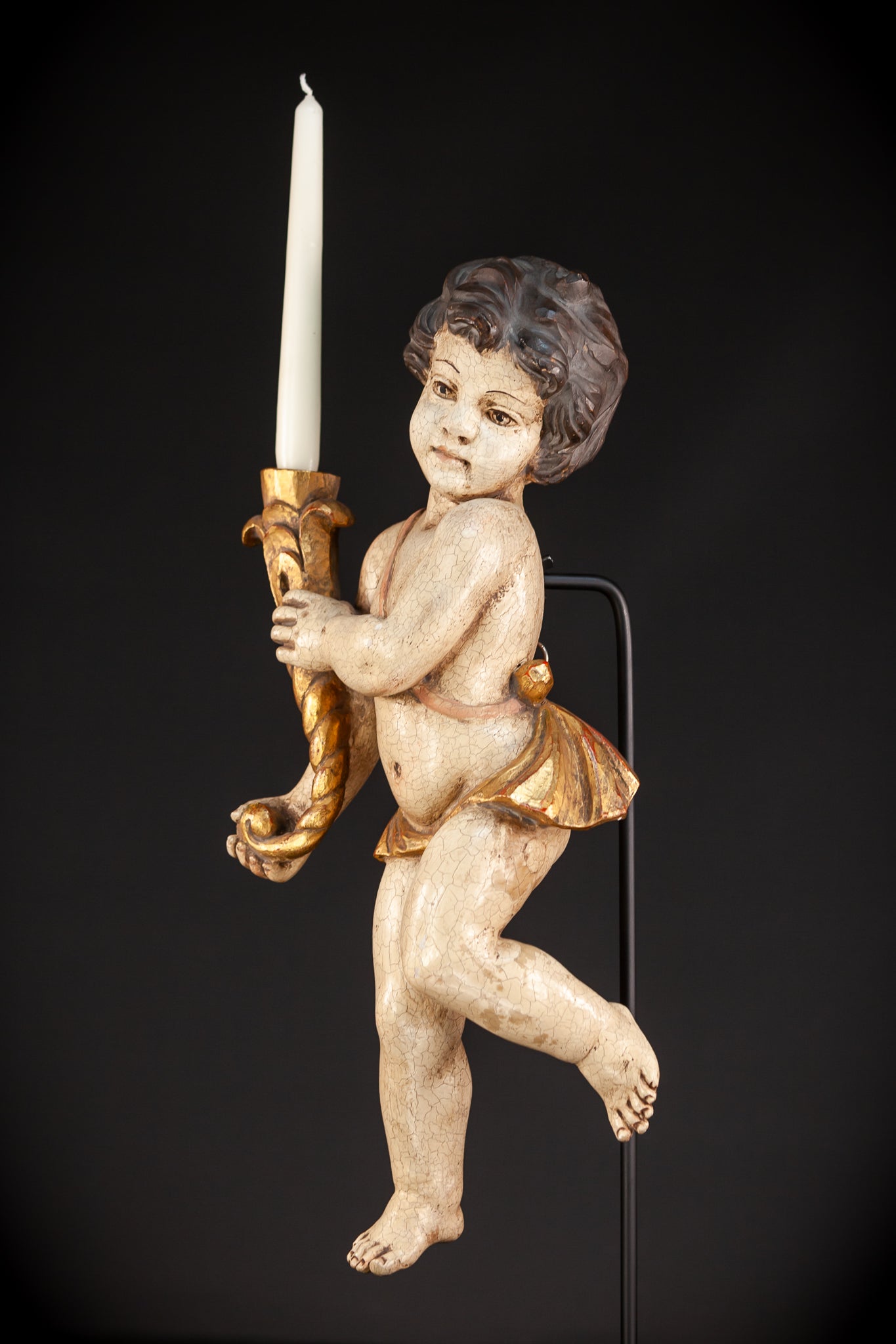 Angel Candle Bearing Wooden Sculpture | mid 1900s Vintage | 19.9" / 50.5 cm