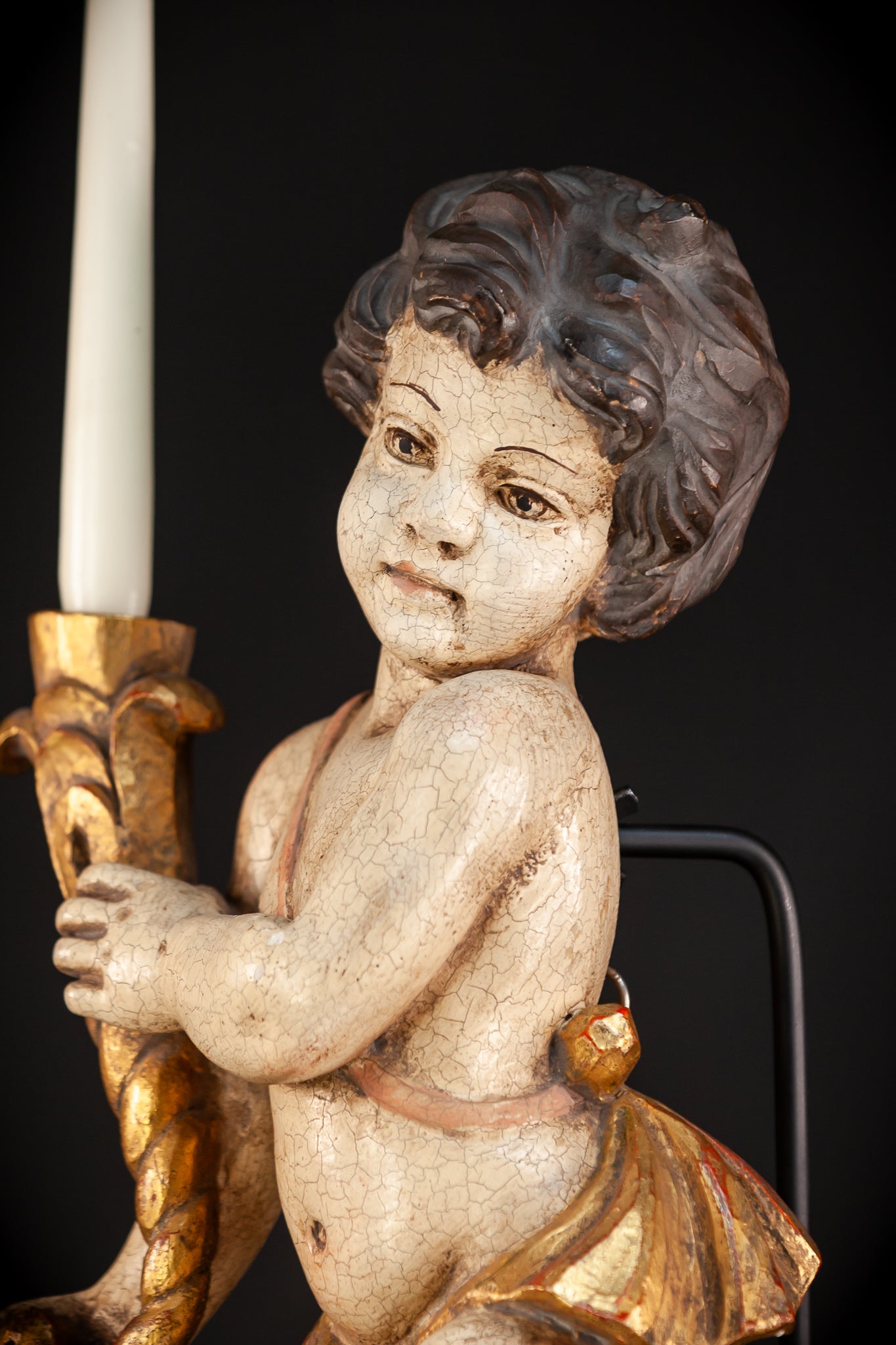 Angel Candle Bearing Wooden Sculpture | mid 1900s Vintage | 19.9" / 50.5 cm