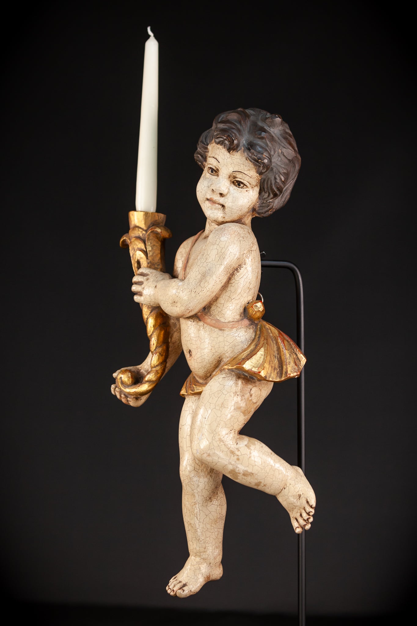 Angel Candle Bearing Wooden Sculpture | mid 1900s Vintage | 19.9" / 50.5 cm