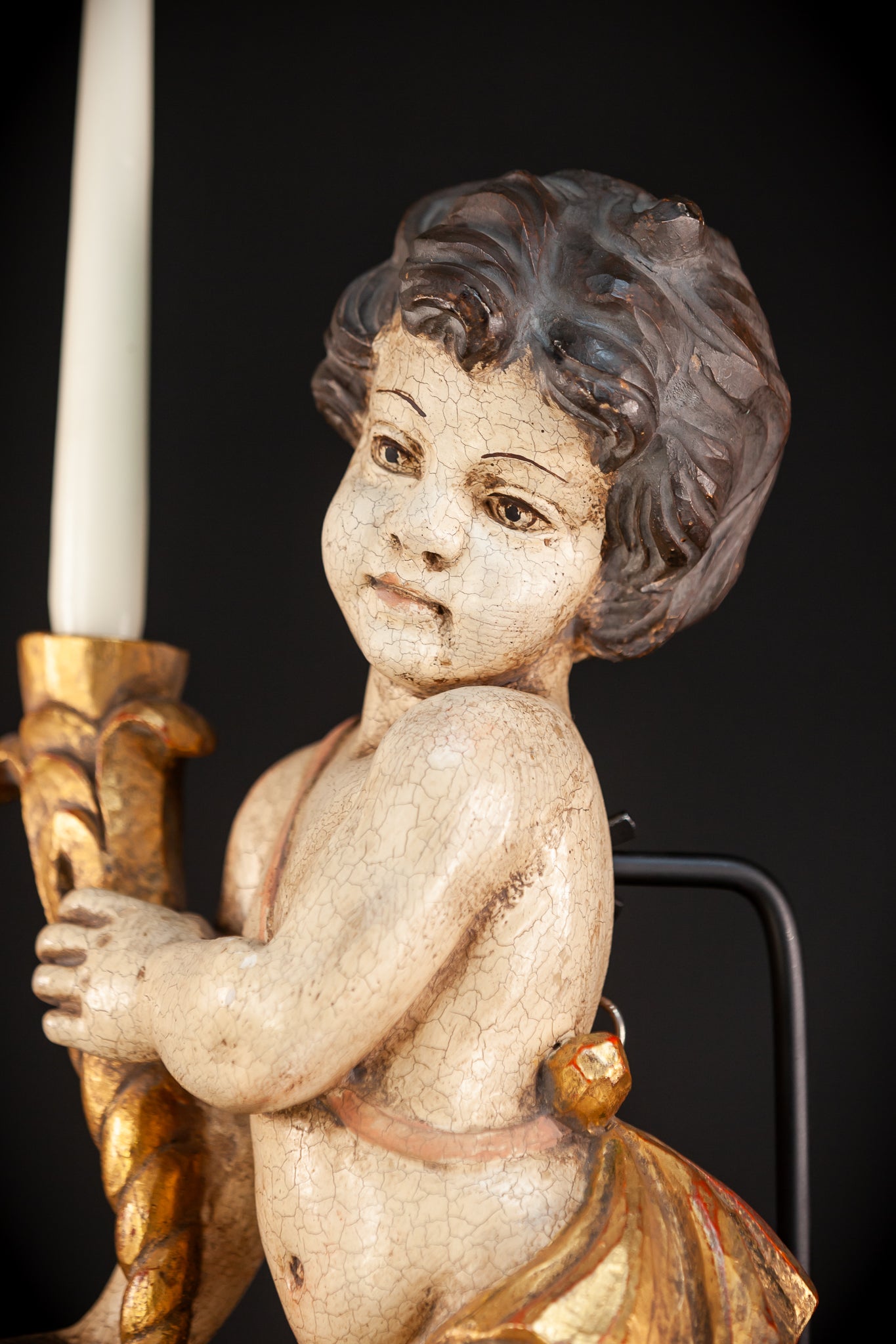 Angel Candle Bearing Wooden Sculpture | mid 1900s Vintage | 19.9" / 50.5 cm