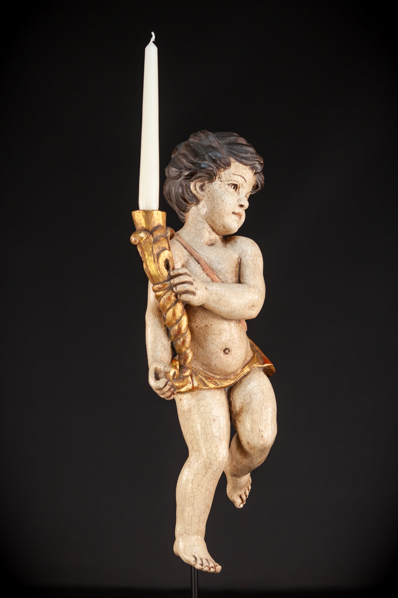 Angel Candle Bearing Wooden Sculpture | mid 1900s Vintage | 19.9" / 50.5 cm