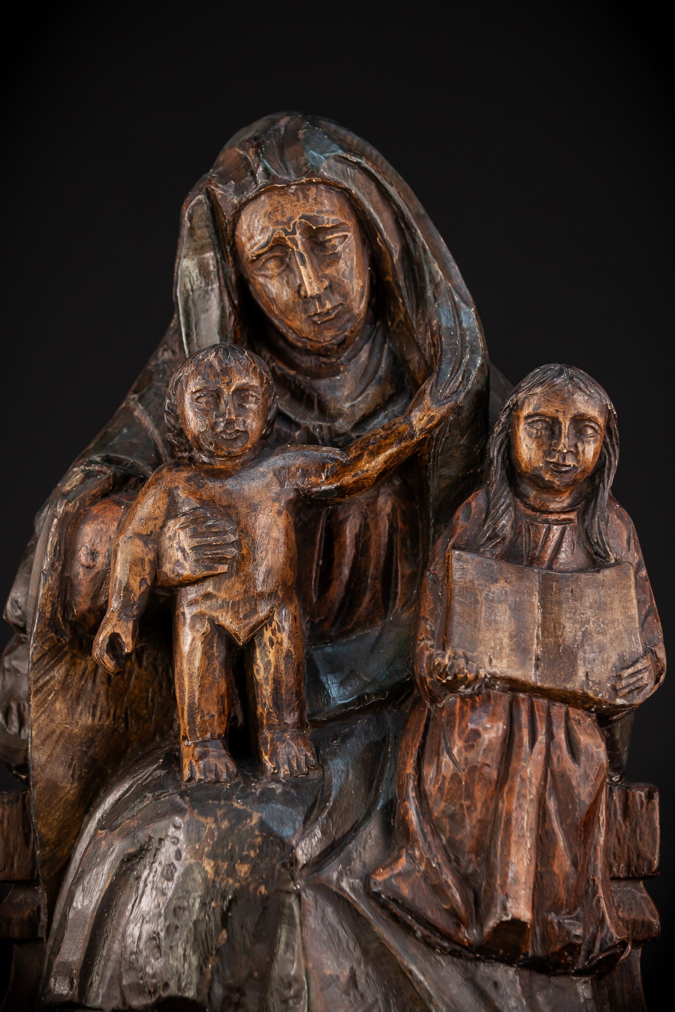 St Anne with Mary and Jesus Wood Carving | 1700s / 1800s Antique | 16.5'' / 42 cm