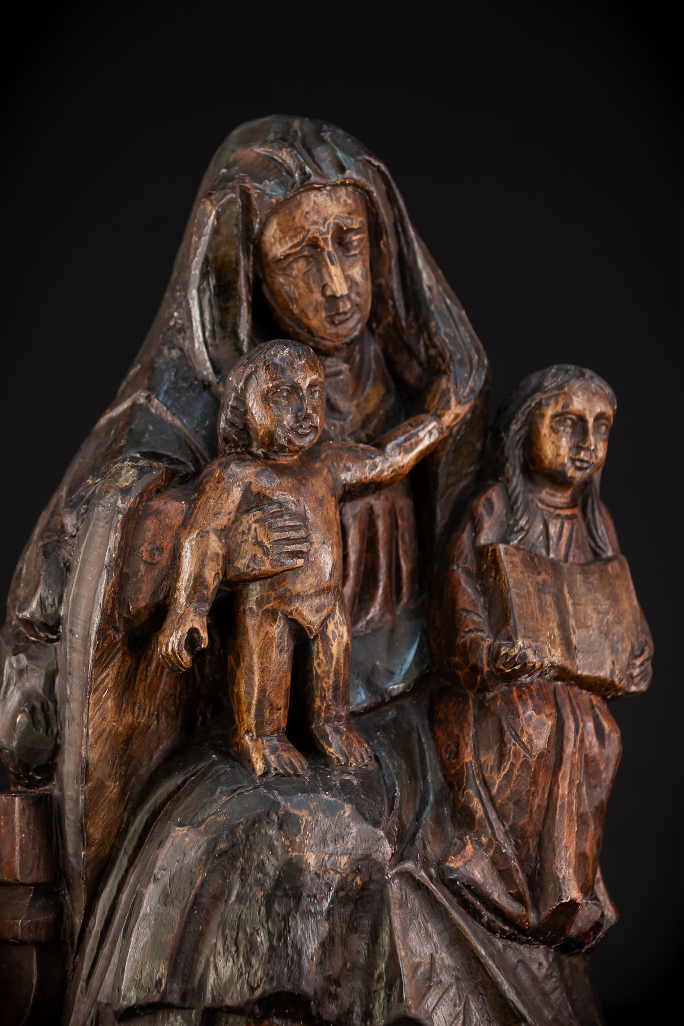 St Anne with Mary and Jesus Wood Carving | 1700s / 1800s Antique | 16.5'' / 42 cm