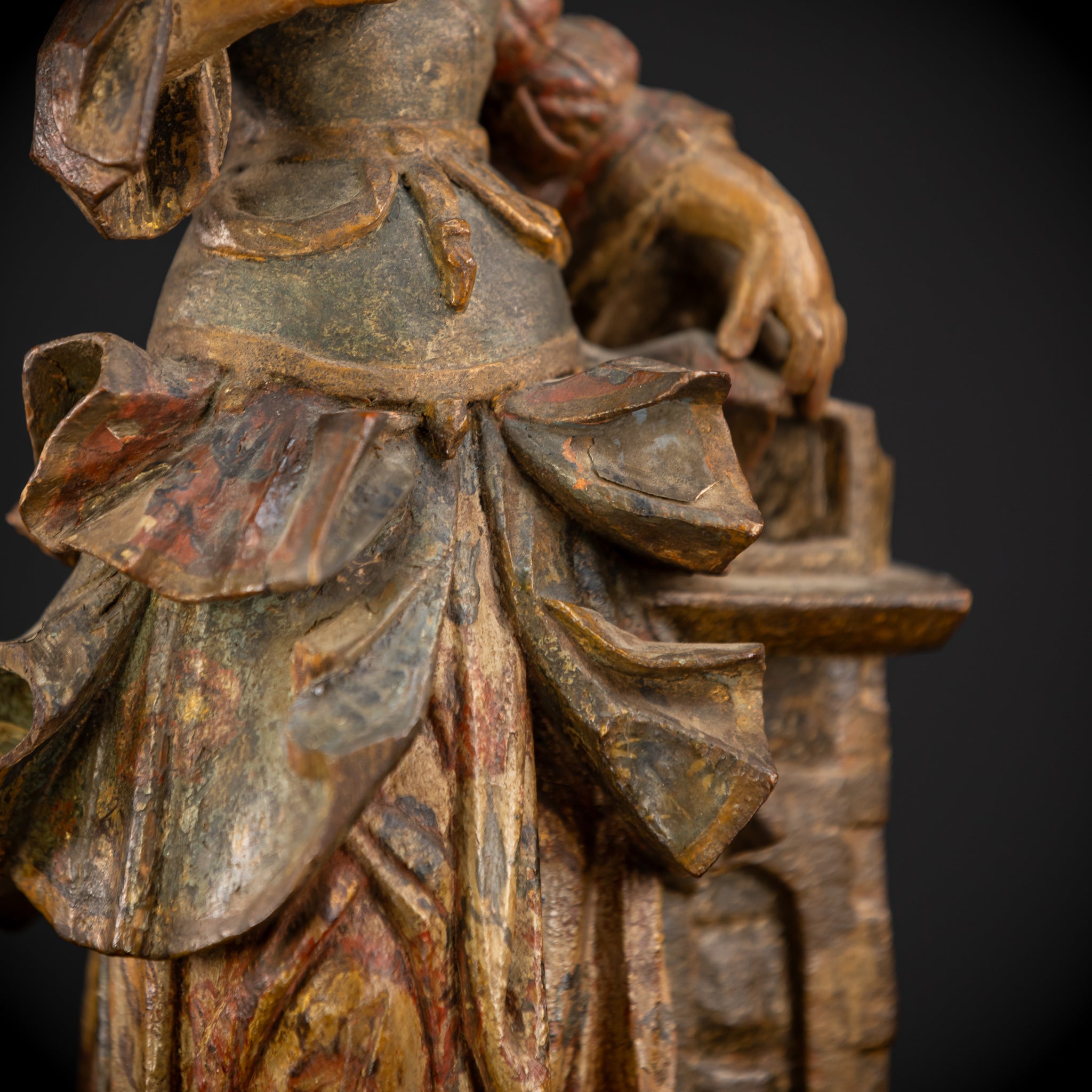 St Barbara Wood Carving Statue | 1700s Antique | 12.6" / 32 cm