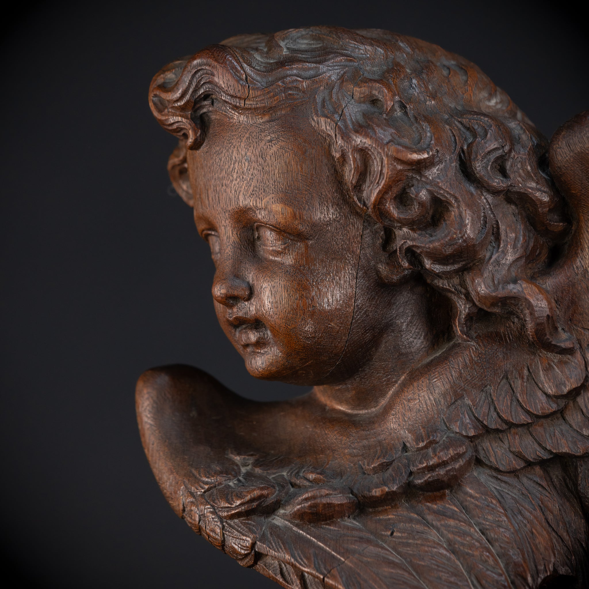 Angel Sculpture B Wood Carved | 1700s Antique | 12.2" / 31 cm