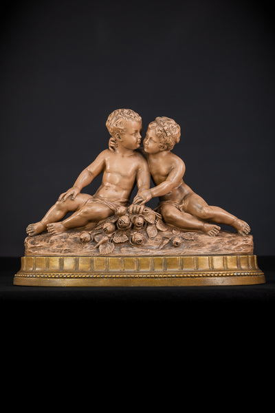 Pair of Putti Terracotta Group Sculpture | Signed H Heusers 18.9" / 48 cm