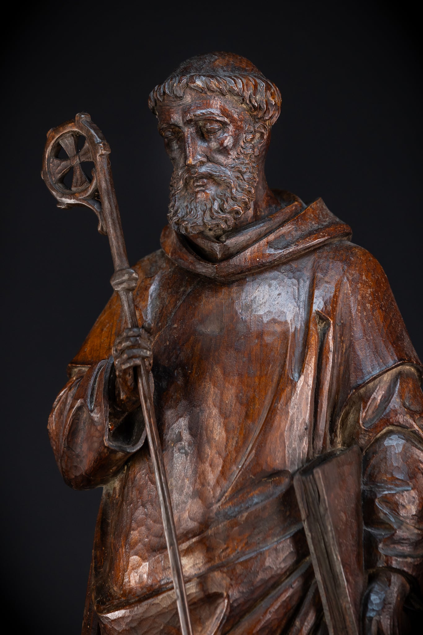 St Benedict of Nursia Wood Carving Sculpture | 1700s Antique | 27.2"/ 69 cm