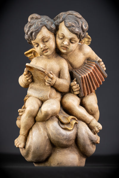 Pair of Angels Wooden Sculpture | mid 1900s Vintage | 13.4 " / 34 cm