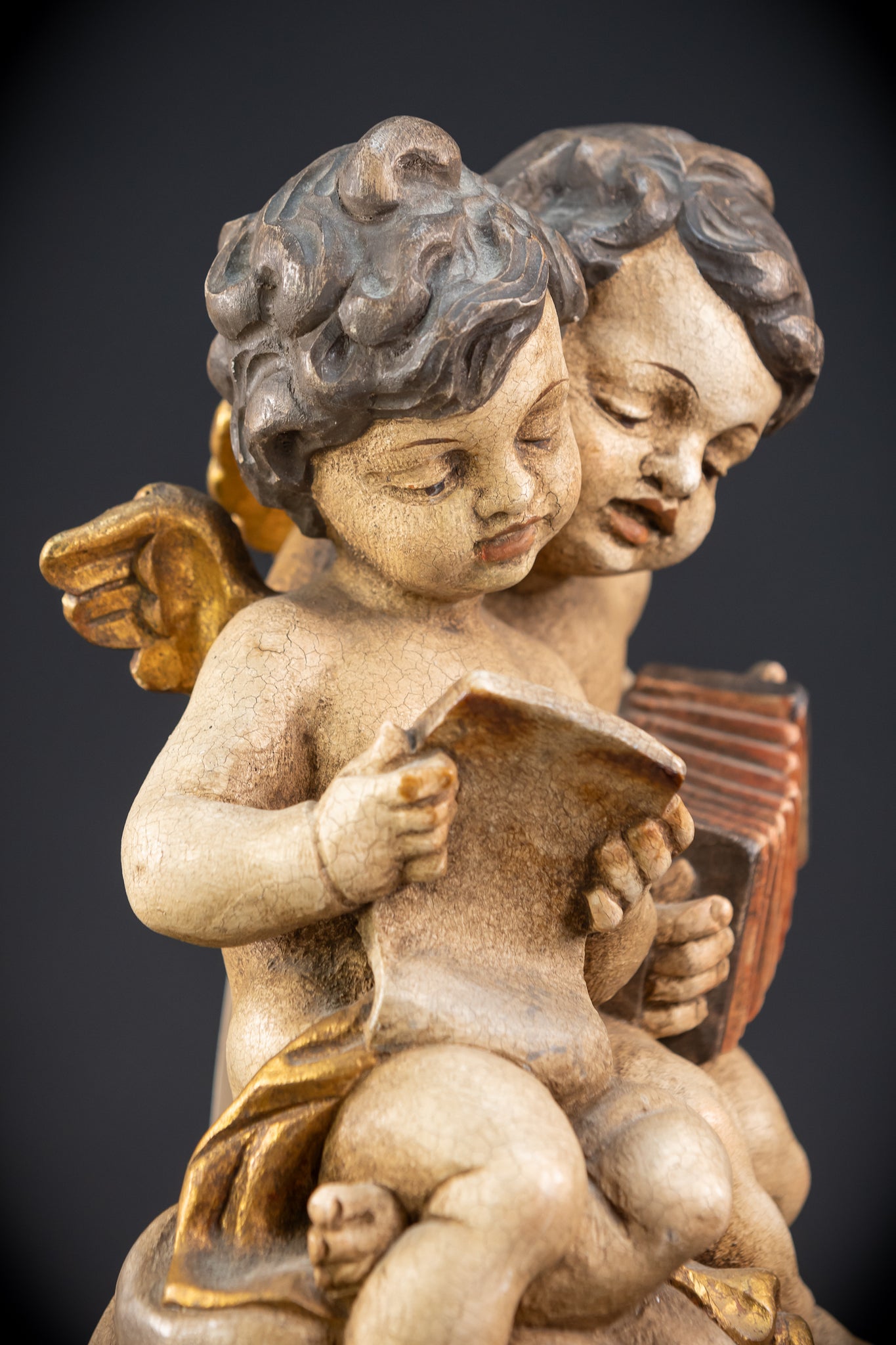 Pair of Angels Wooden Sculpture | mid 1900s Vintage | 13.4 " / 34 cm