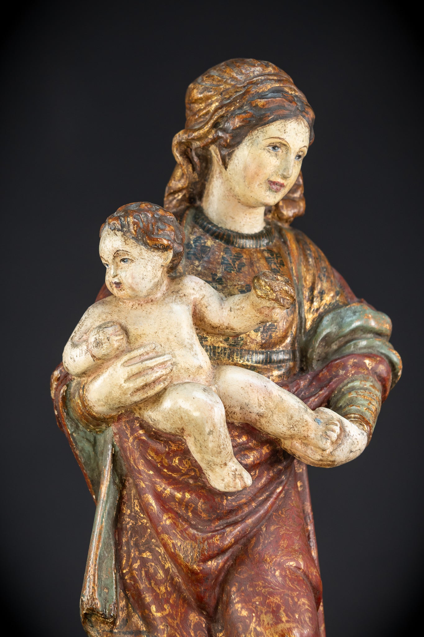 Virgin Mary with Infant Jesus Wooden Statue| France 1700s Baroque
