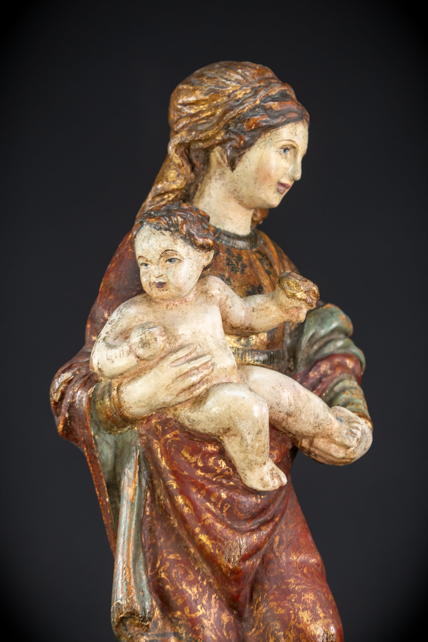 Virgin Mary with Infant Jesus Wooden Statue| France 1700s Baroque