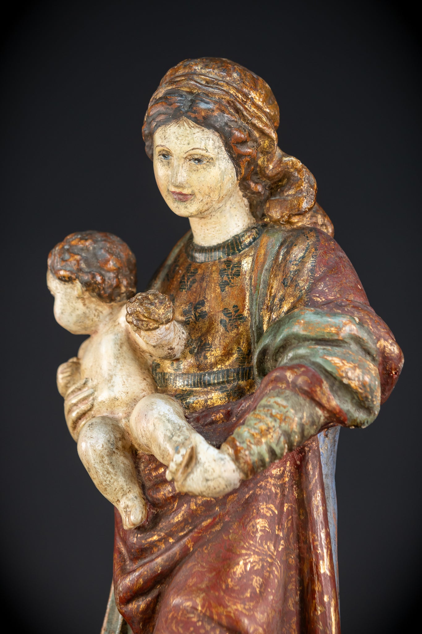 Virgin Mary with Infant Jesus Wooden Statue| France 1700s Baroque