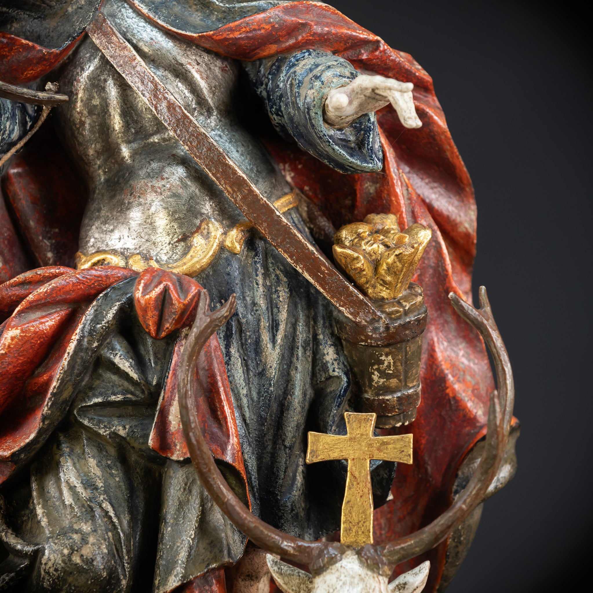 Saint Hubert Wood Statue | Early 1900s Antique | 27.2” / 69 cm