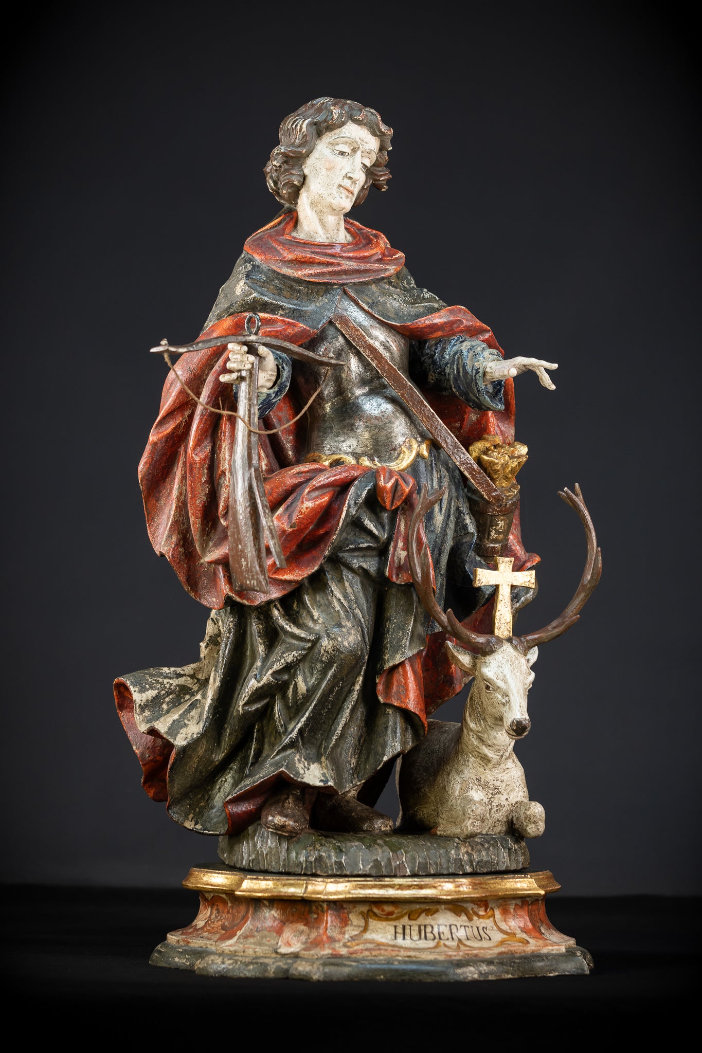 Saint Hubert Wood Statue | Early 1900s Antique | 27.2” / 69 cm