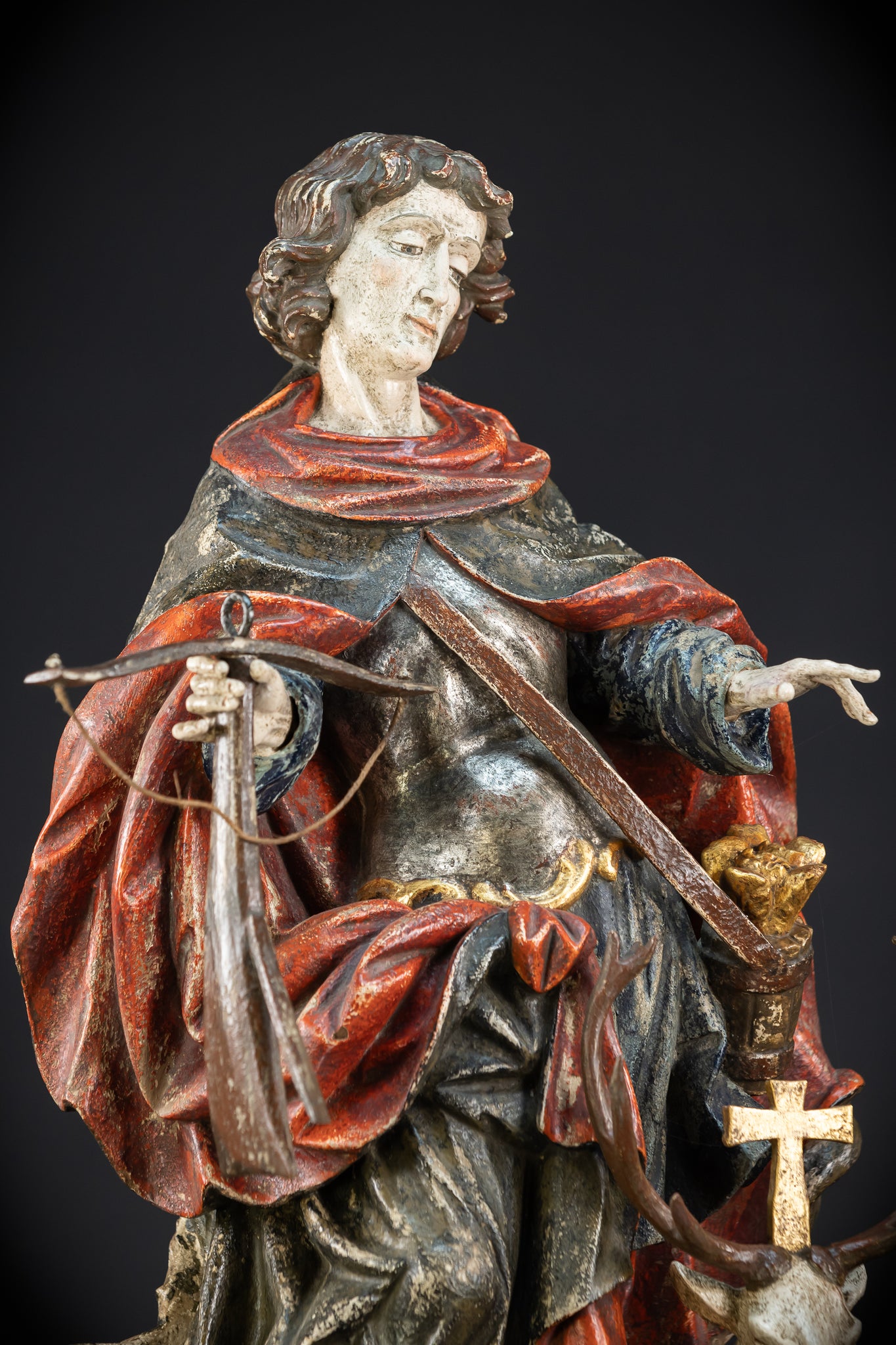 Saint Hubert Wood Statue | Early 1900s Antique | 27.2” / 69 cm