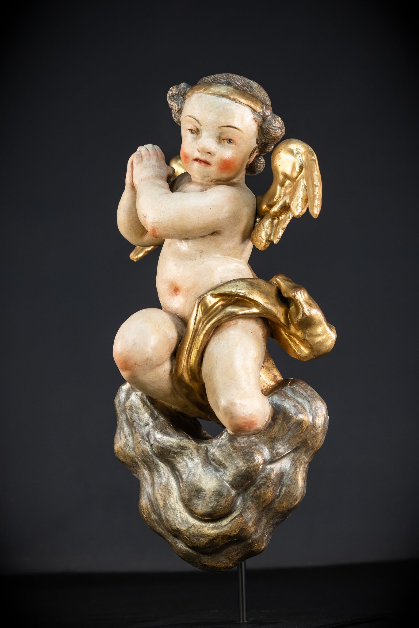 Baroque Angel Statue Wood Carving  | 1700s Antique | 18.1"