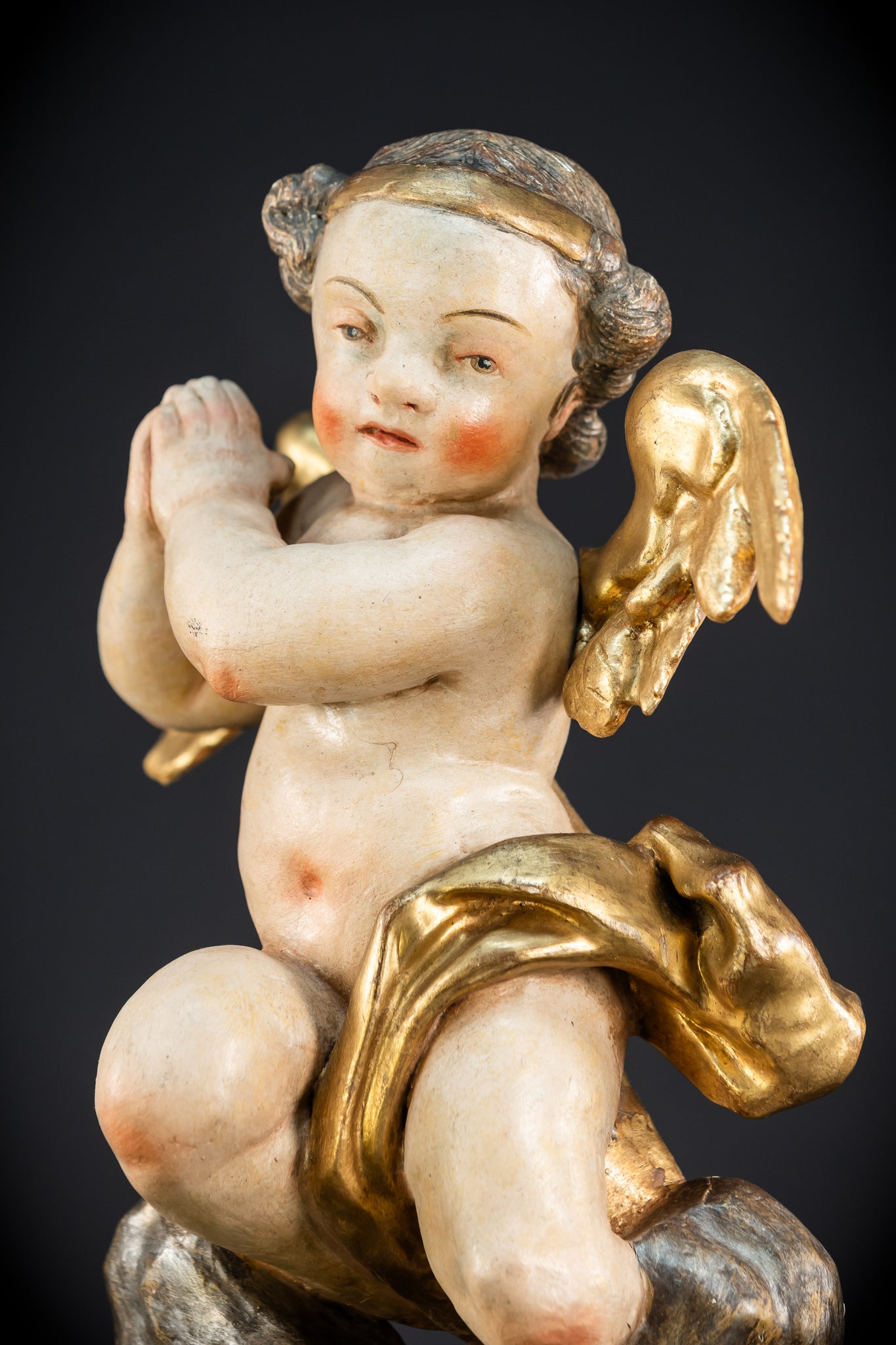 Baroque Angel Statue Wood Carving  | 1700s Antique | 18.1"