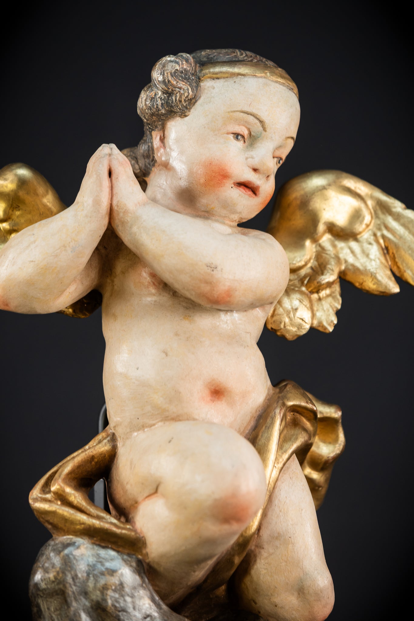 Baroque Angel Statue Wood Carving  | 1700s Antique | 18.1"